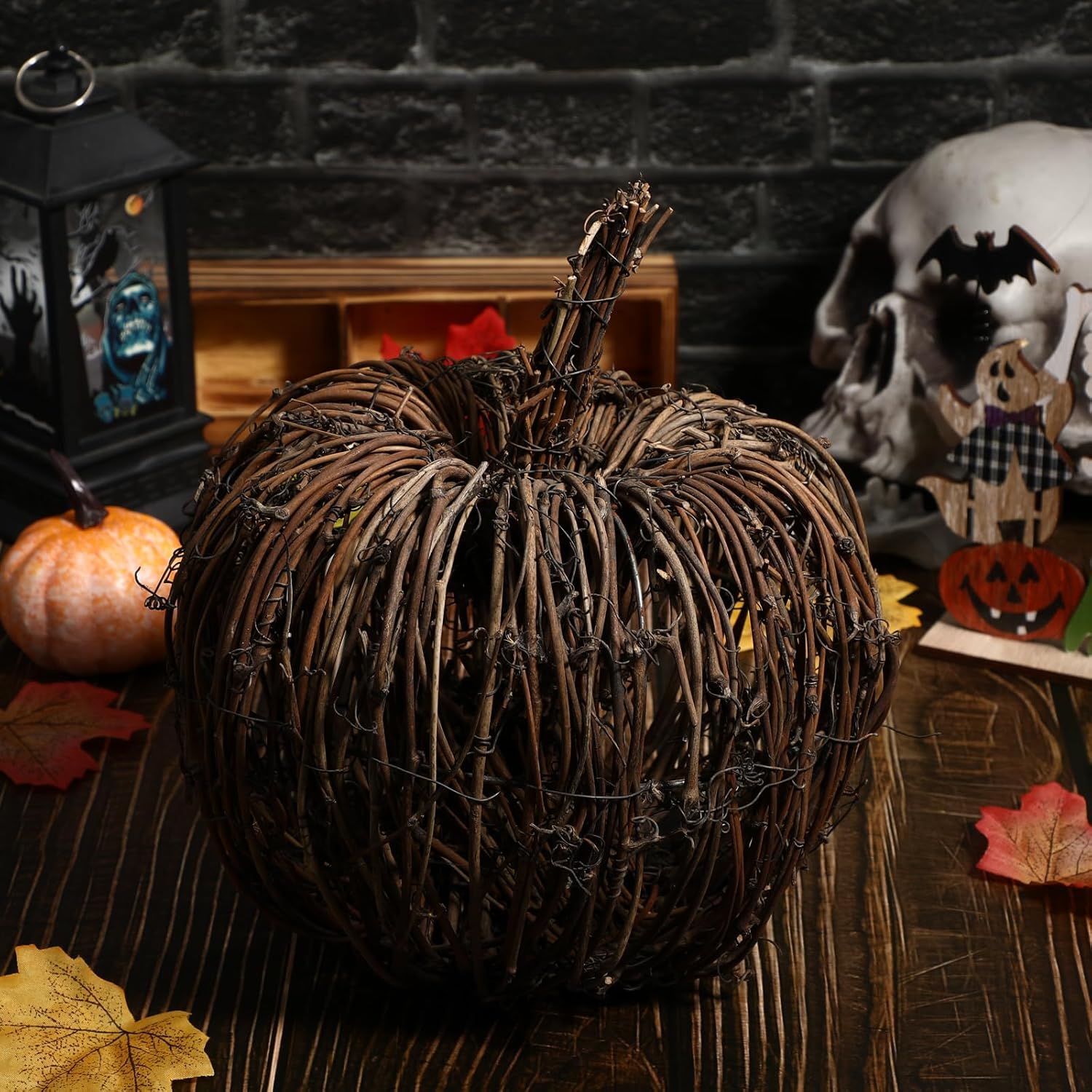 Artificial Pumpkin Wicker Rattan Pumpkin Decor Grapevine Ball Ornament for Halloween Thanksgiving Fall Decoration (20cm)