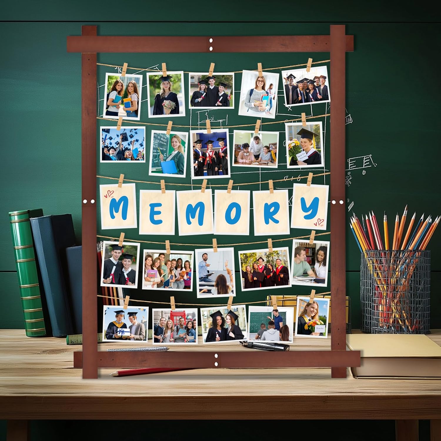 1 Pack 32x24Inch Photo Display Board for Wedding 2026 Graduation Decor Collage Wooden Picture Frames with Clips Rustic Wall Frames for Graduation Party Hanging Photos Postcards Greeting Cards