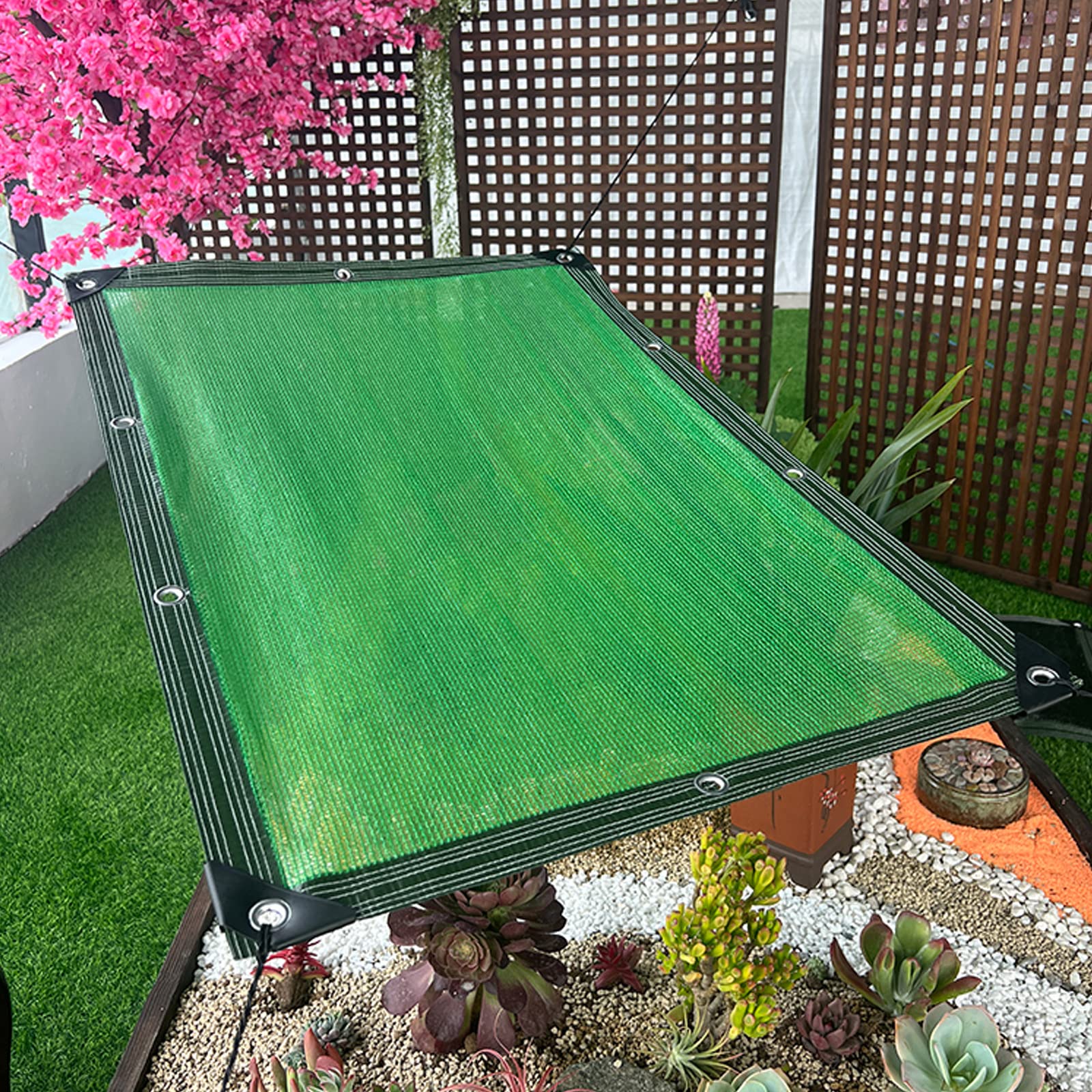 Grün Garten Pflanze Schattiernetz,Gewächshaus-Schattennetz,Blumen Schattierungsnetz,60% Sonnenschutznetz,Geländer Beschattungsnetz,Wasser-und Luftdurchlässig,mit Ösen,6-Polig (4x5m/13x16.4ft)