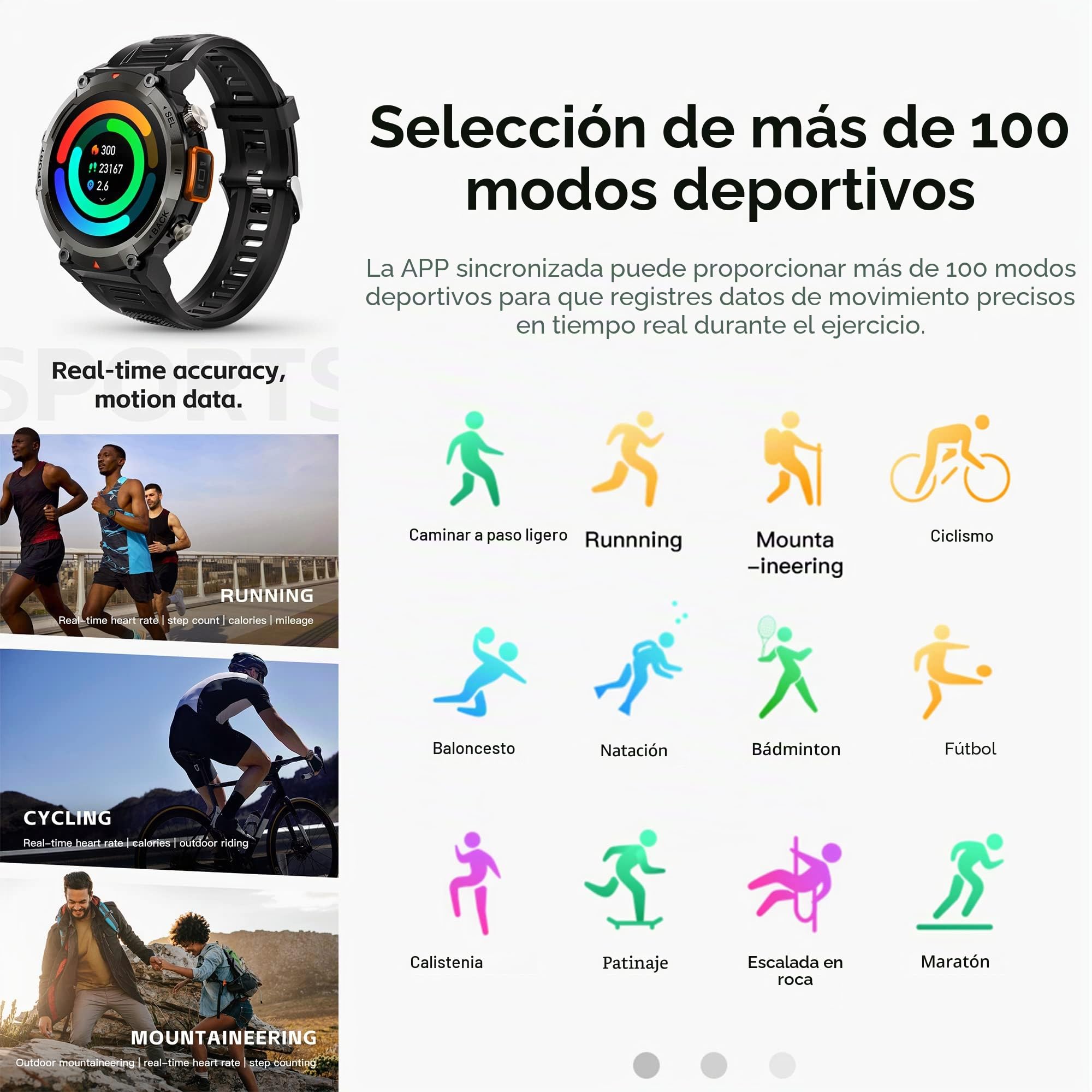 Reloj Inteligente Hombre con Llamadas,1,45 Pulgada Smartwatch Deportivo con Linterna Podometro Pulsometro SpO2 Sueño Presion Arterial Pulsera Actividad 5ATM Reloj Digital para iOS Android(3 Correas)