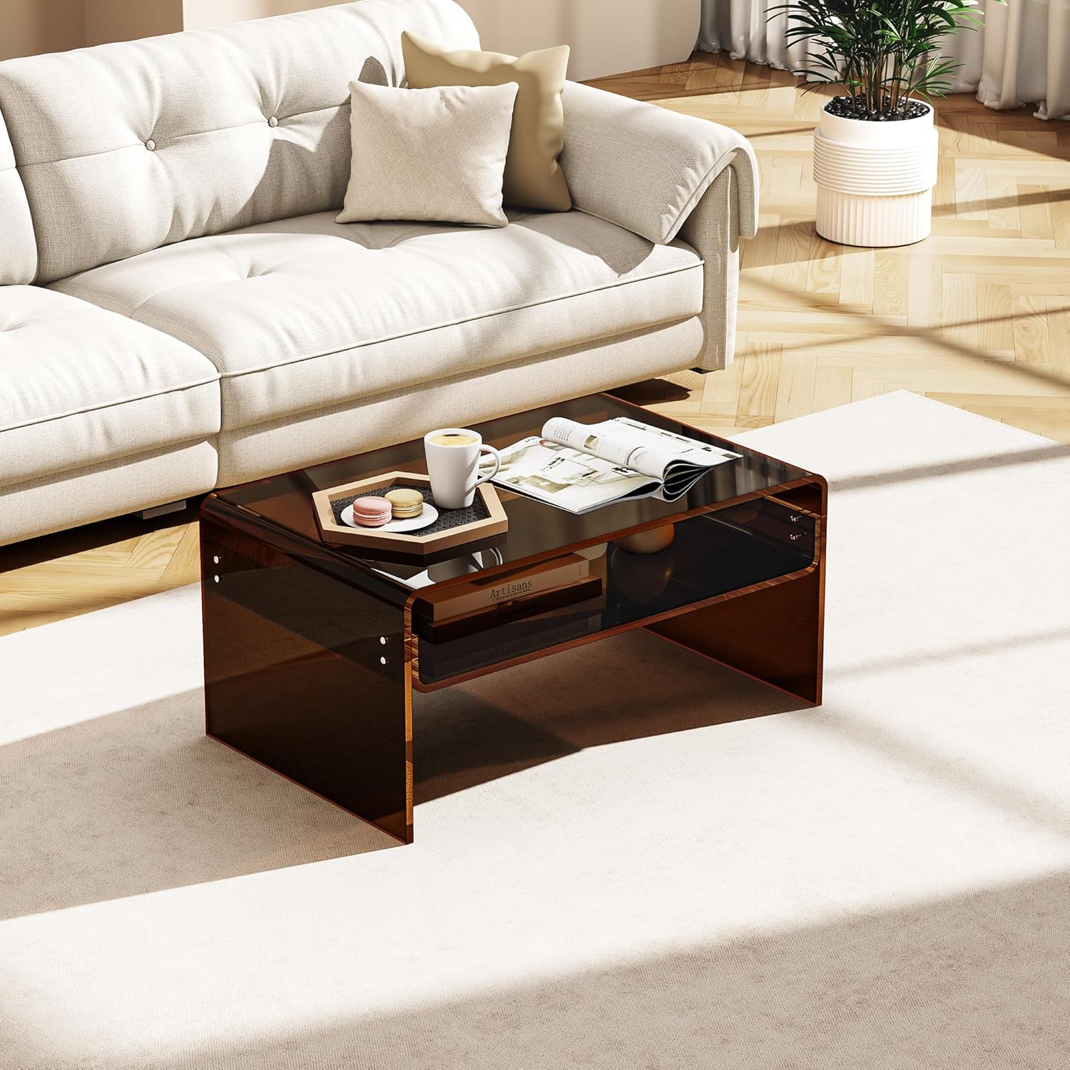 Acrylic Coffee Table for Living Room Clear Rectangle Lucite Table with Open Storage Shelf (1, Dark Brown, Large) Large Dark Brown 1