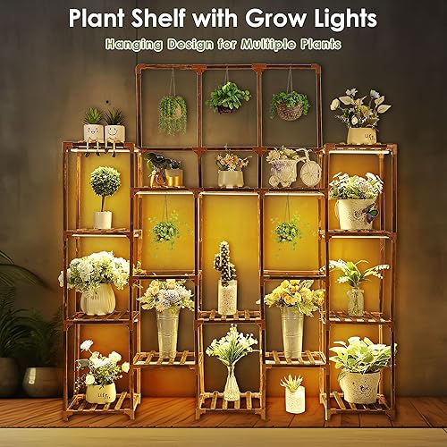 Miniatura 10 de Dreyoo Soporte para plantas con luces de crecimiento, estante de madera para plantas con lámpara de cultivo de espectro completo para esquina