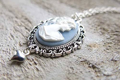 Cameo Woman Necklace White Lady on Blue Christmas Present Light Pastel Jewelry Grandmother Mom Girlfriend Sister Best Friend Pretty Present