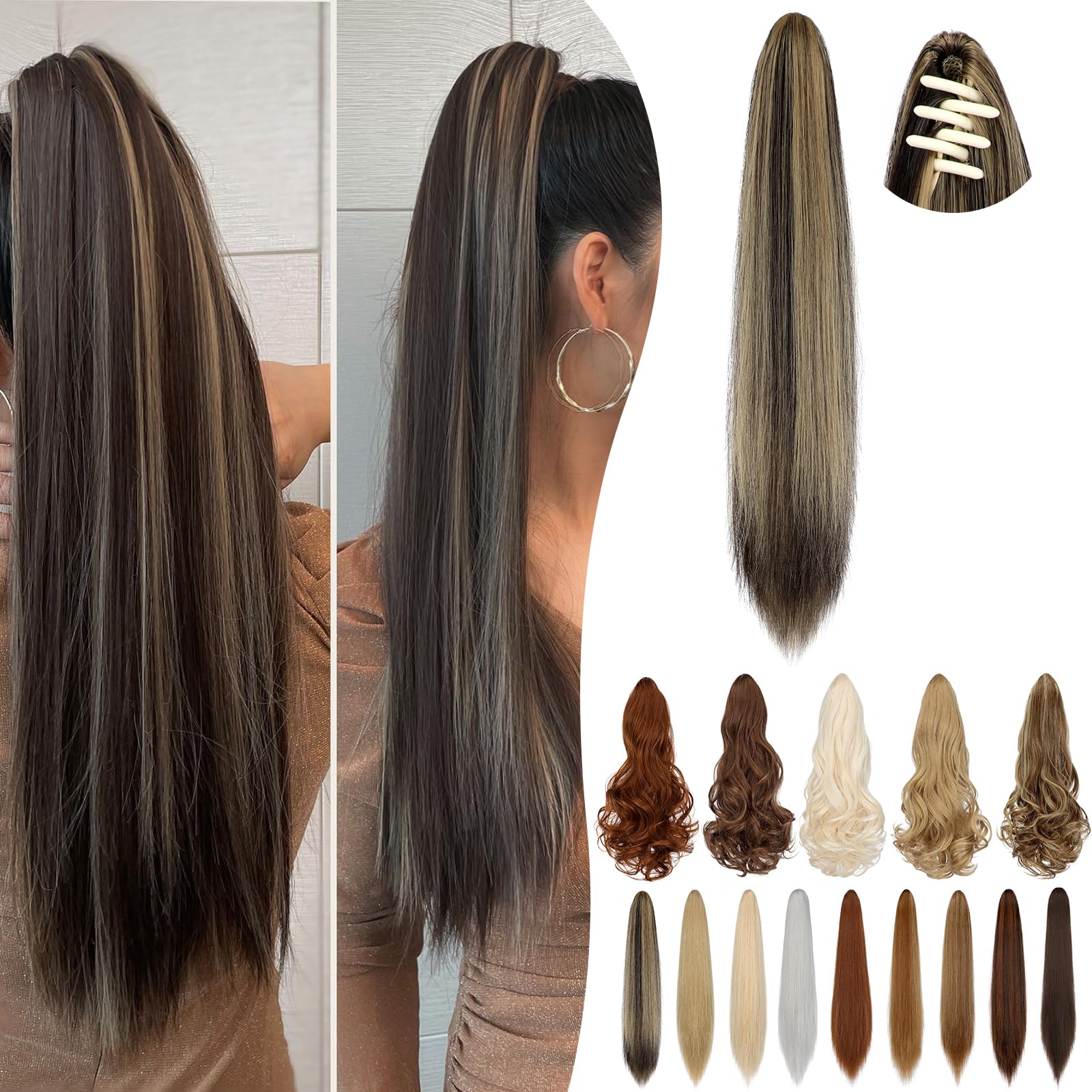 Cephermer Ponytail Extension Claw 18" 20" Long Curly Wavy Straight Clip in Natural Looking Synthetic Hair Extension Ponytail Hairpiece for Women Dark