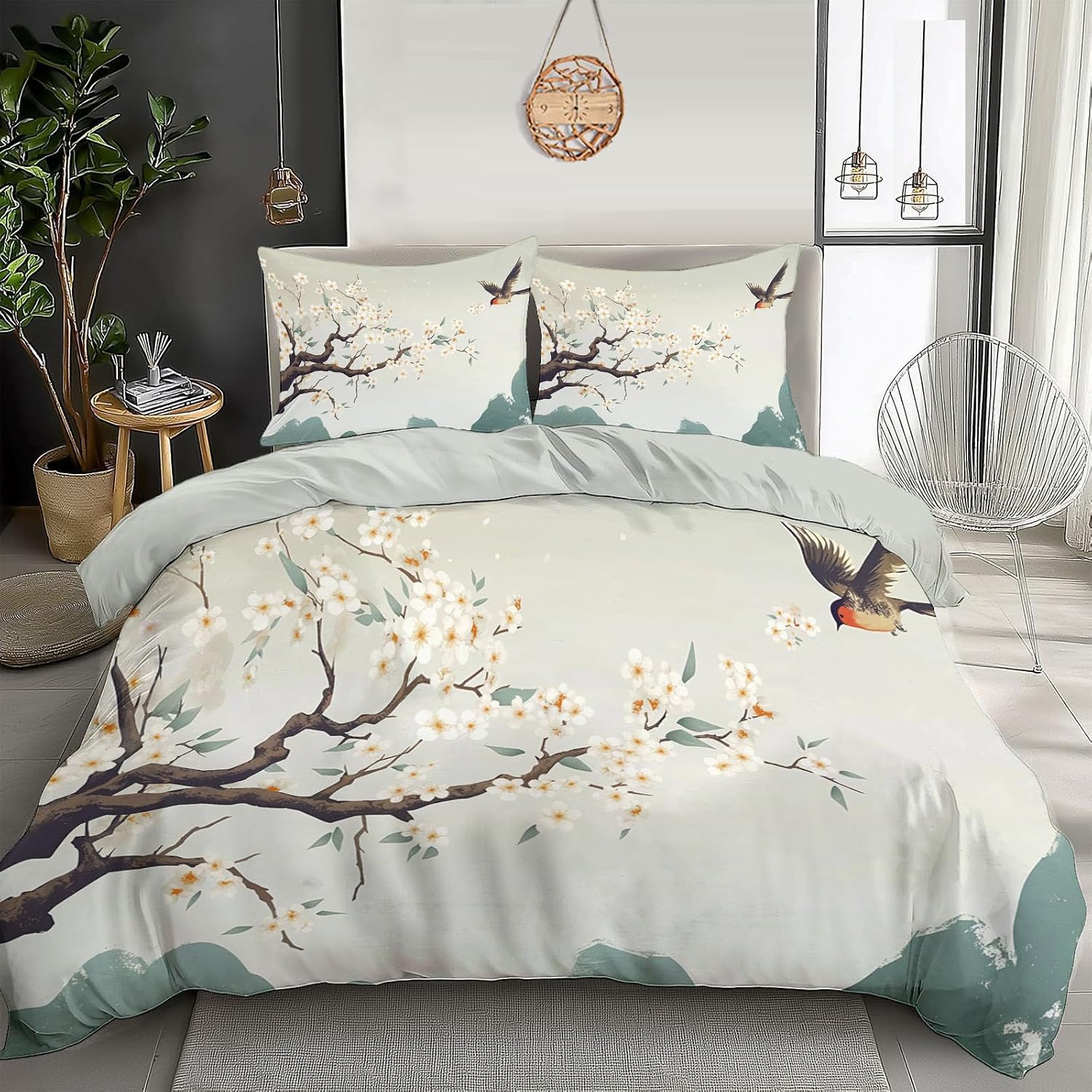 Plum bossom Print Duvet Cover Japanese Style Texture Bedding Size,Reversible Solid Color Classic Color Printed Plaid Duvet Cover,Includes 1 Duvet Cover