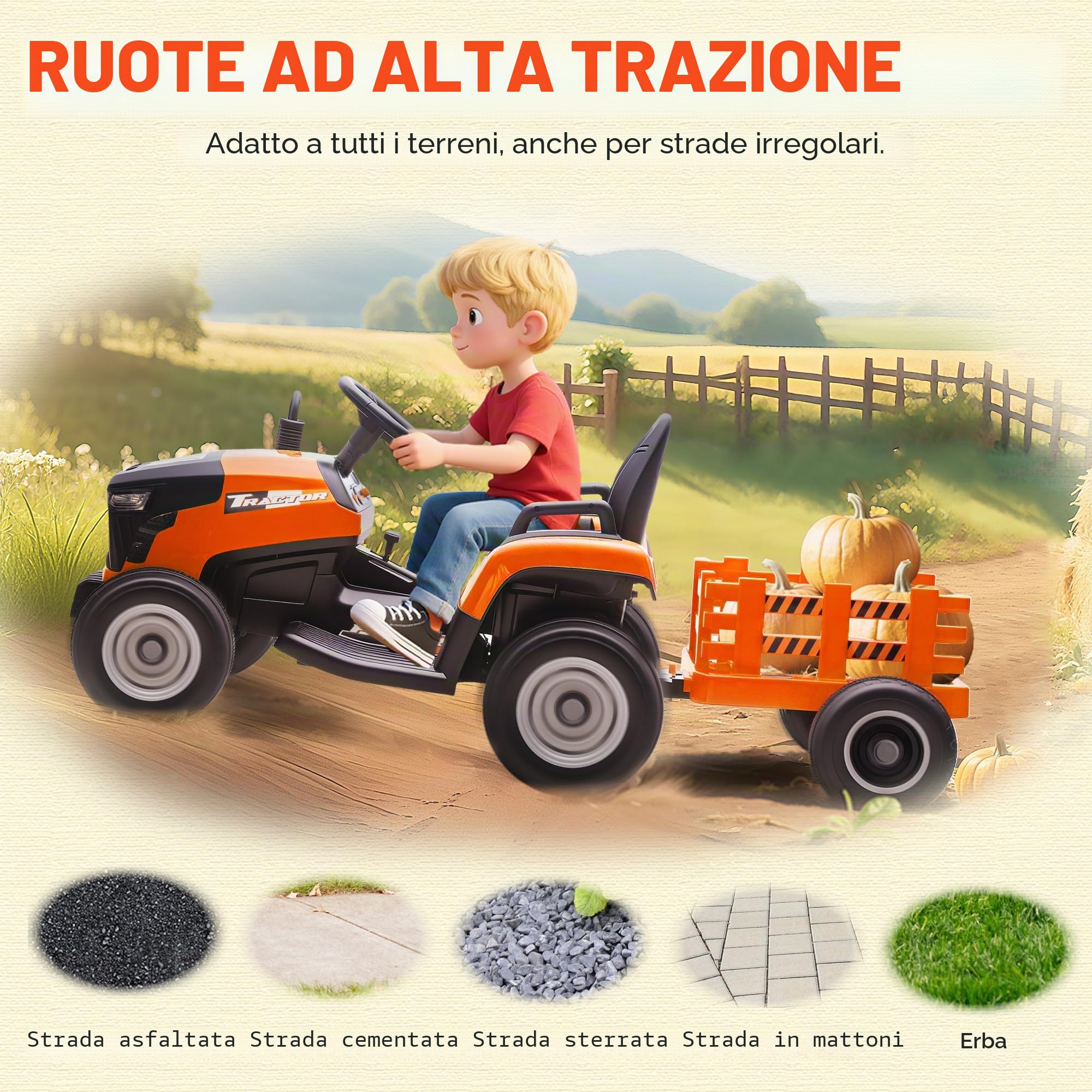 AIYAPLAY Trattore Elettrico Bambini Rimorchio 2 Motori 3-5 km/h Arancione | Trattore elettrico con telecomando, 3 velocità, musica, clacson, avvio morbido, suono avviamento, età 3-8.