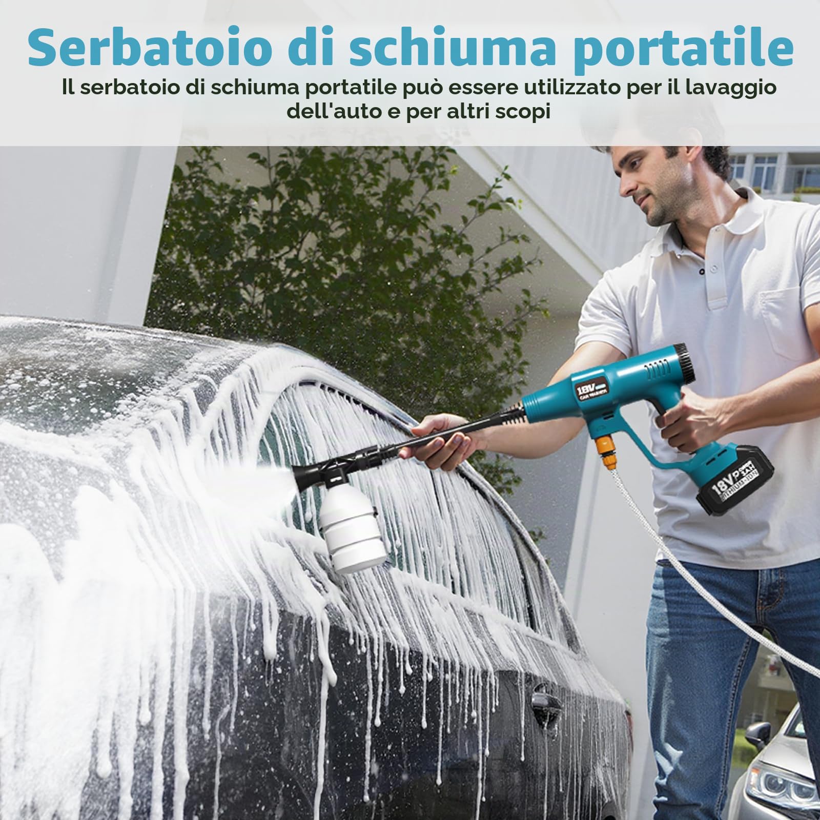 Idropulitrice per Makita-18V Batteria con Ugello 6 in 1, Tubo Flessibile da 6,5 m, Collegamento a Rubinetto e Bottiglia Diretto per Auto/Giardino/Pulizie Esterne (Senza Batteria)