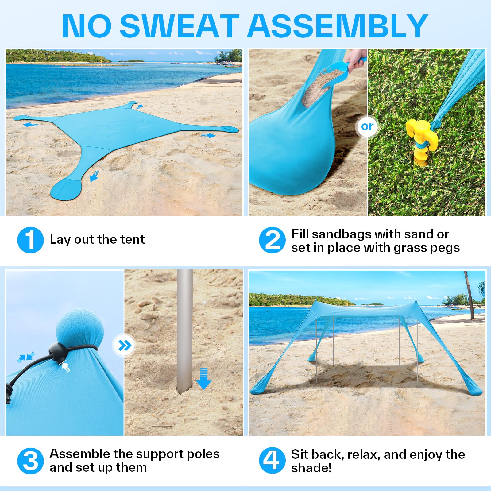 Sportneer - Tenda a baldacchino da spiaggia, tenda da spiaggia, parasole UPF50+, con 4 pali di stabilità, pala di sabbia e picchetti per spiaggia, campeggio, cortile, picnic all'aperto