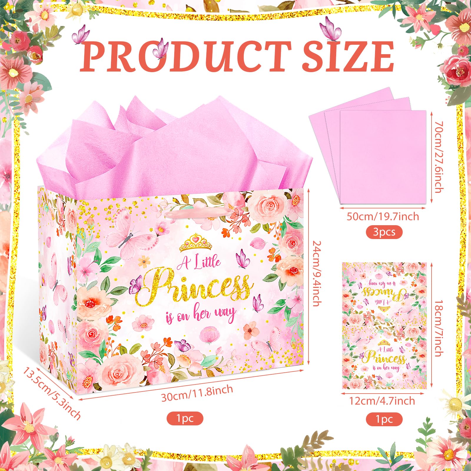Princess Baby Shower Birthday Gift Bag for Baby Girls A Little Princess is On Her Way Bag with Wrapping Paper Card Pink Rose Gold Flowers Gift Bag for Princess Baby Shower Birthday Party Supplies