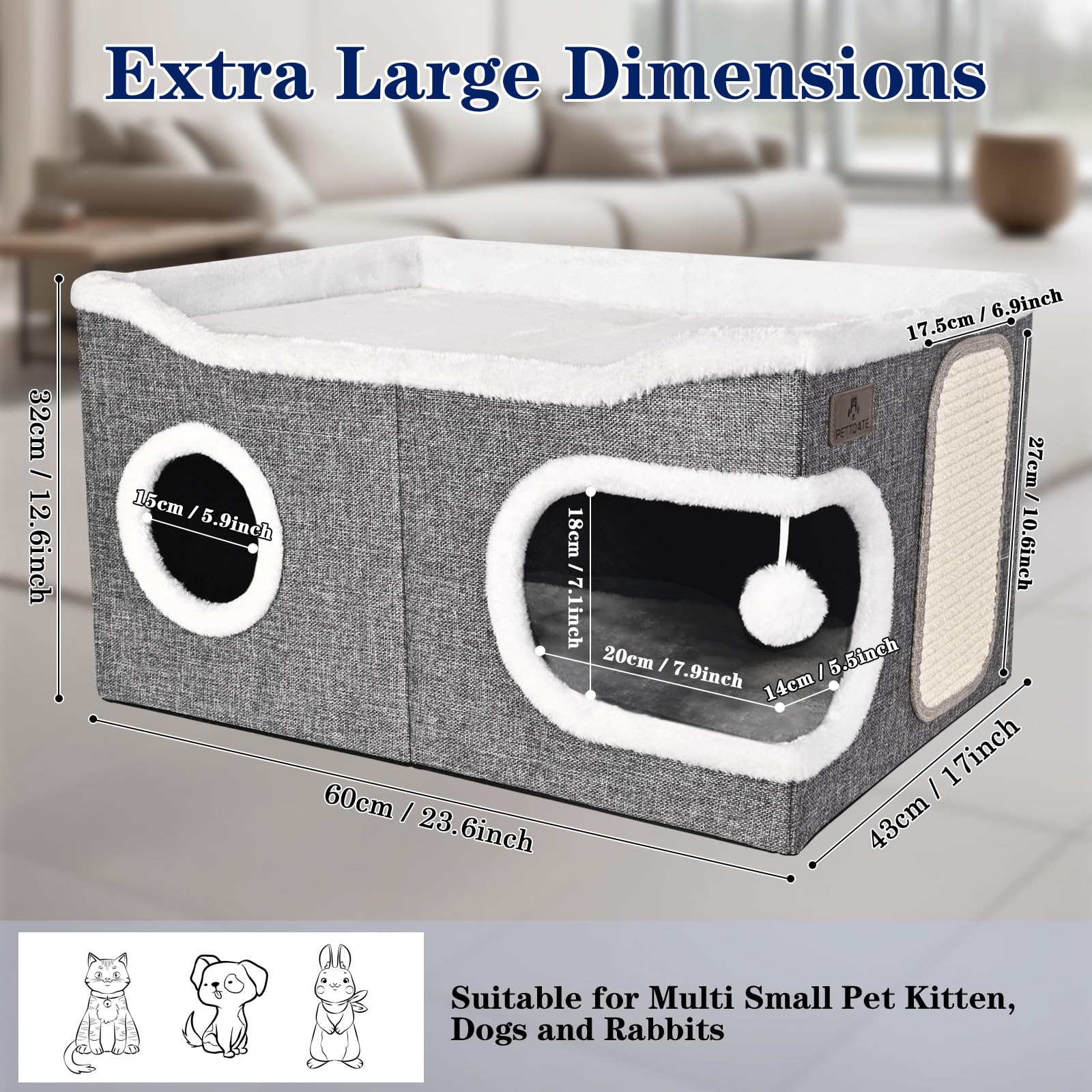 Extra Large Cat Beds for Indoor Cats, Covered Cat Cave Beds & Furniture with Scratch Pad and Fluffy Ball, Foldable Condo Hideaway with Reversible Cushion for Multi Small Pet Large Kittens
