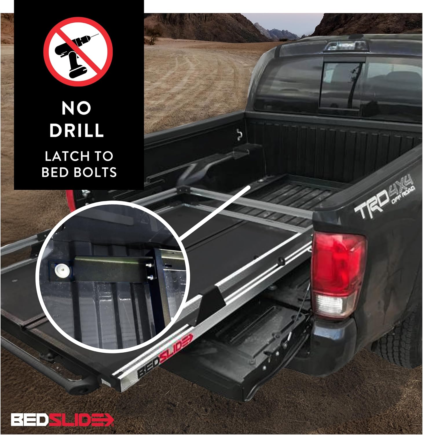 Bedslide No-Drill Truck Bed Brackets, for Truck Bed Organizer, Fits Toyota Tacoma, Years 2016-2023, 6' Truck Bed, Black