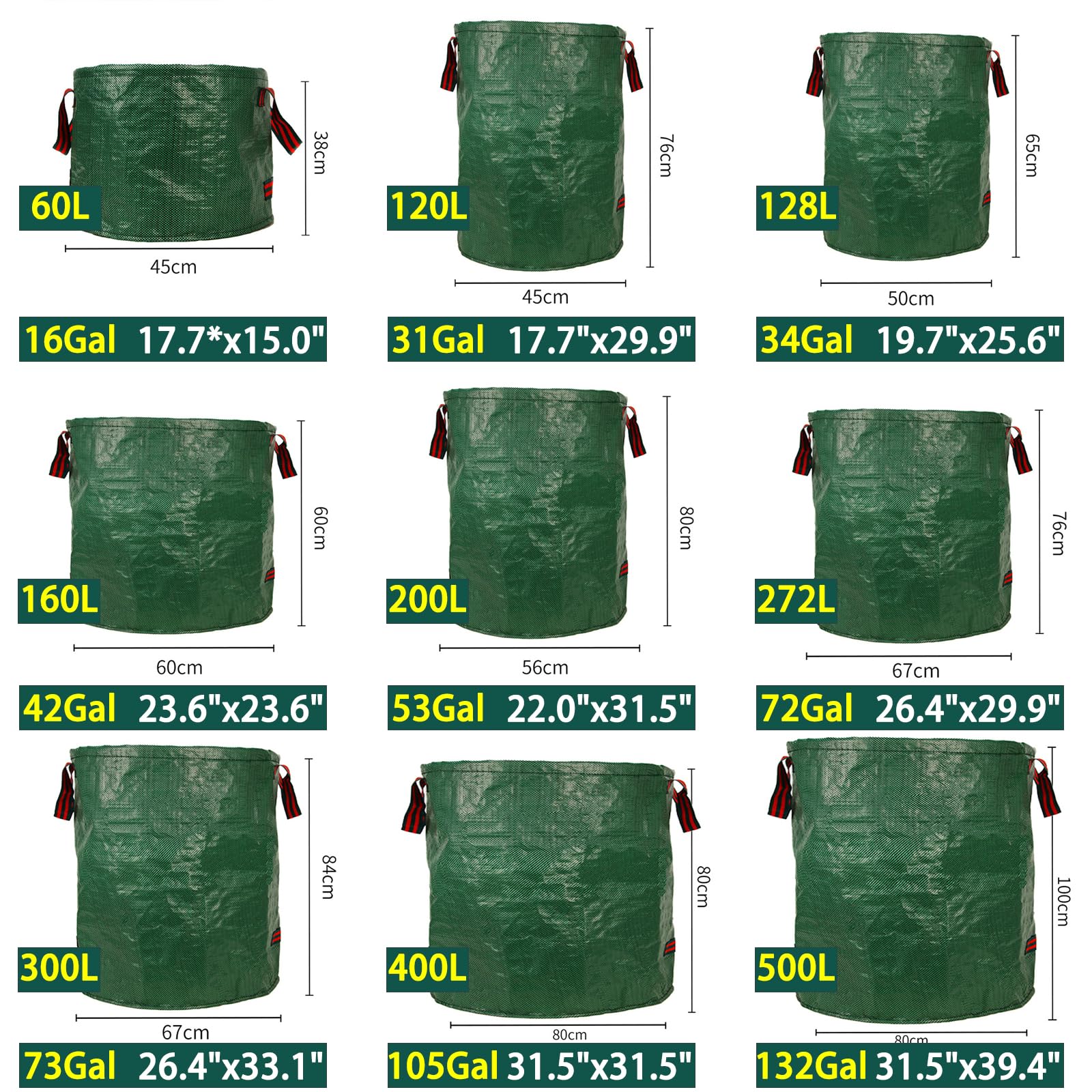 Bolsas de basura de jardín, contenedores de hojas de 79 n con 4 asas para recortes de ln, hierba, malezas y recogida de basura al aire libre, paquete de 6