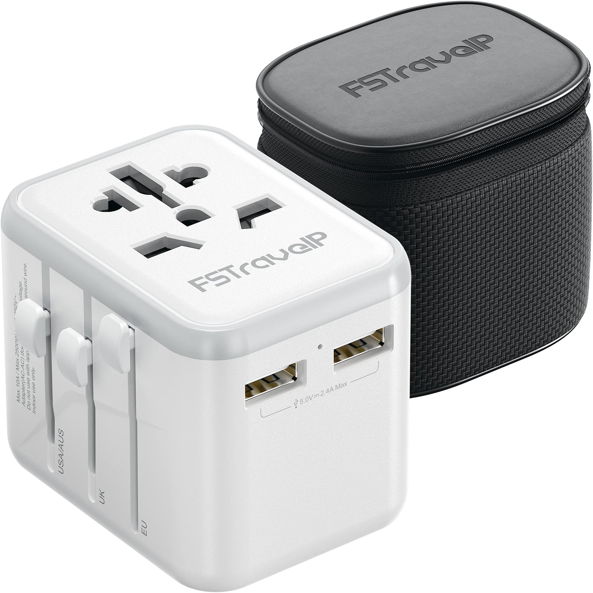 Worldwide Travel Adapter with USB, FSTravelP Universal Plug Adapter with 2 USB & International AC Socket, Dual 10A Fuses, All In One Travel Plug Adapter Worldwide for USA UK EU AU CN 150+ Countries
