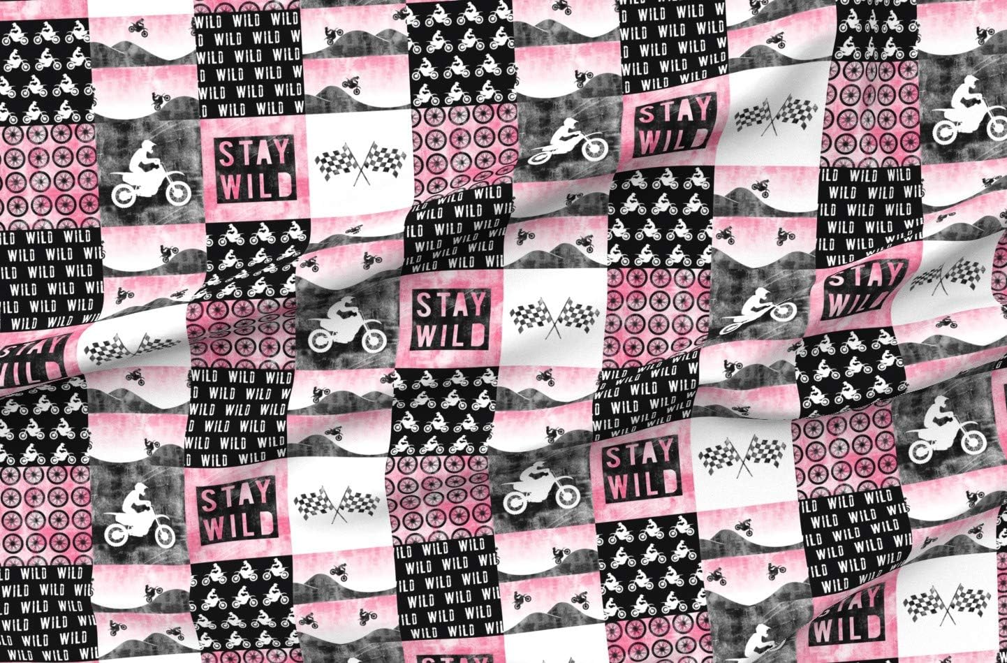 Spoonflower Fabric - Motocross Patchwork Wild Pink Dirt Bike Little Arrow Nursery Cheater Printed on Organic Cotton Sateen Fabric by The Yard - Sewing Quilting Apparel Home Decor