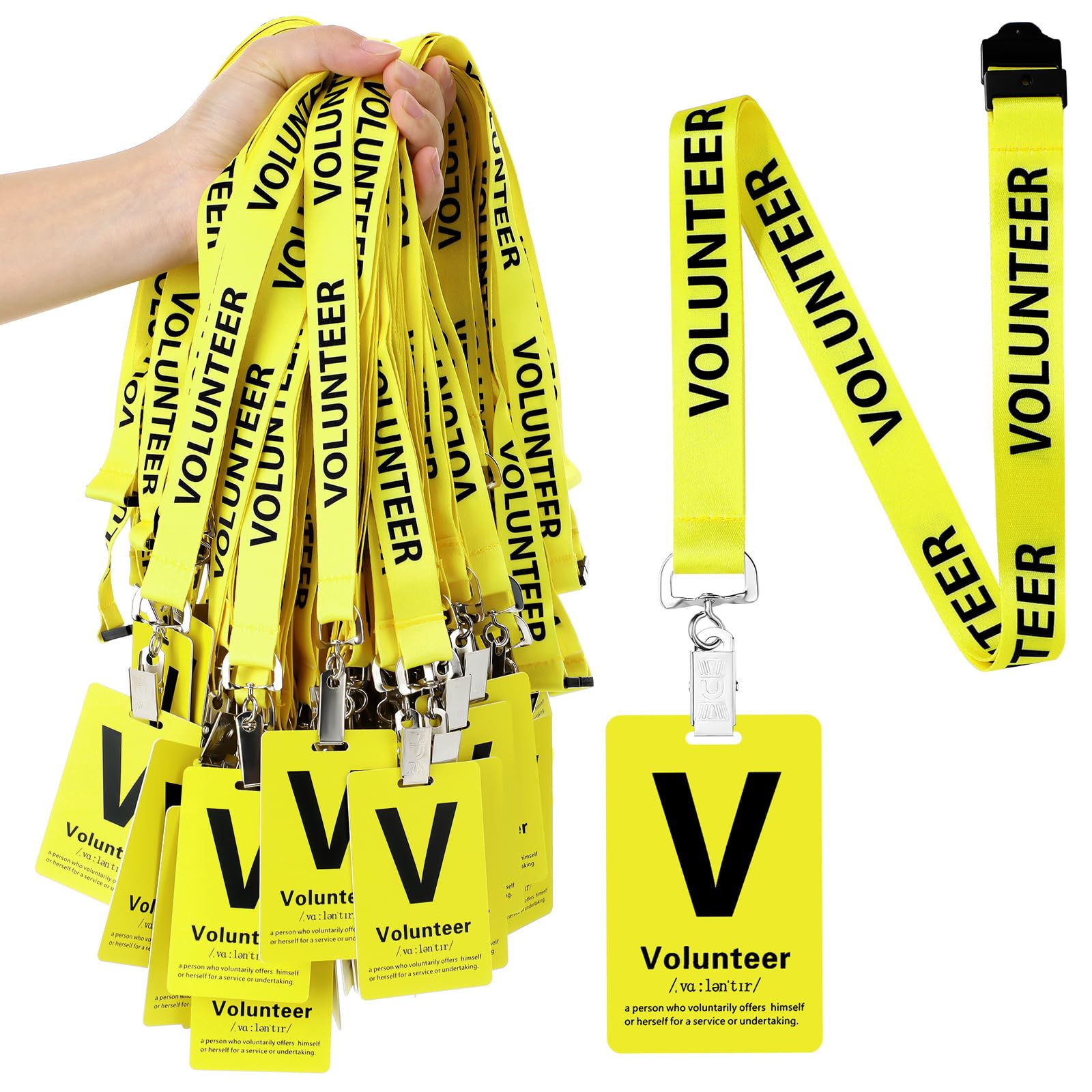 Fulmoon 50 Sets Volunteer Lanyards Bulk Breakaway Volunteer Lanyards and Badges with Clips for Event Fundraising Donation Activities