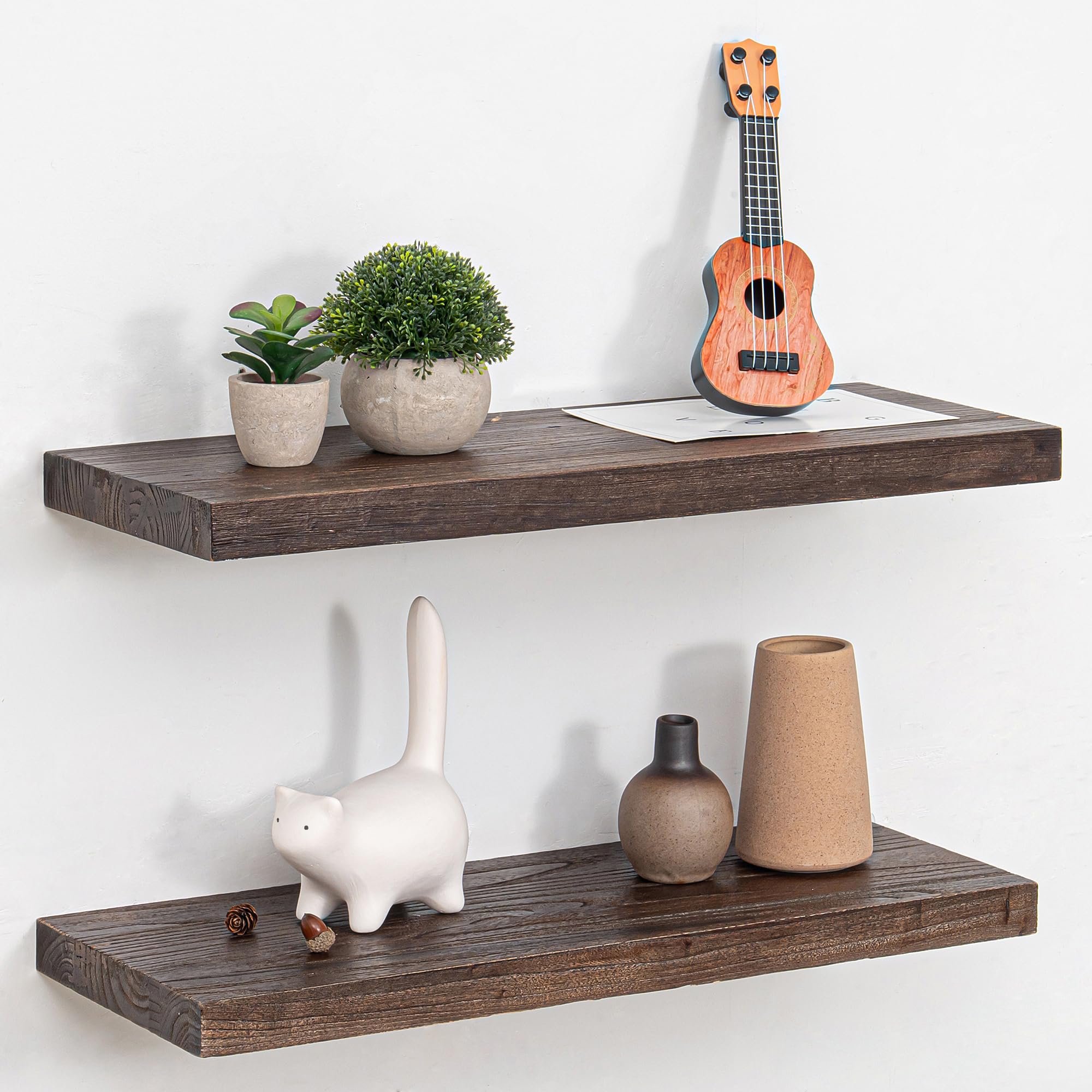 Fun Memories Estantes flotantes rústicos, estantes de pared de madera maciza de olmo con soportes invisibles, almacenamiento resistente para sala de estar y cocina (24 pulgadas, nogal)