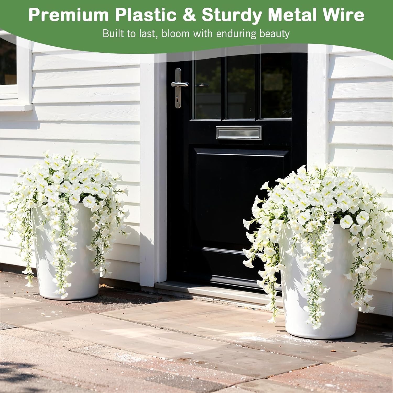 Lewondr Artificial Fake Hanging Flowers Plants for Outdoor Summer Decoration, 2 PCS Faux Silk White Morning Glories, 29.5'' UV Resistant Realistic for Outside Planter Porch Patio Balcony Decor - Image 3