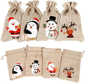 DIYASY Christmas Burlap Gift Bags, 36 Pcs Goodie Treat Bags with Drawstrings for Xmax and New Year Party