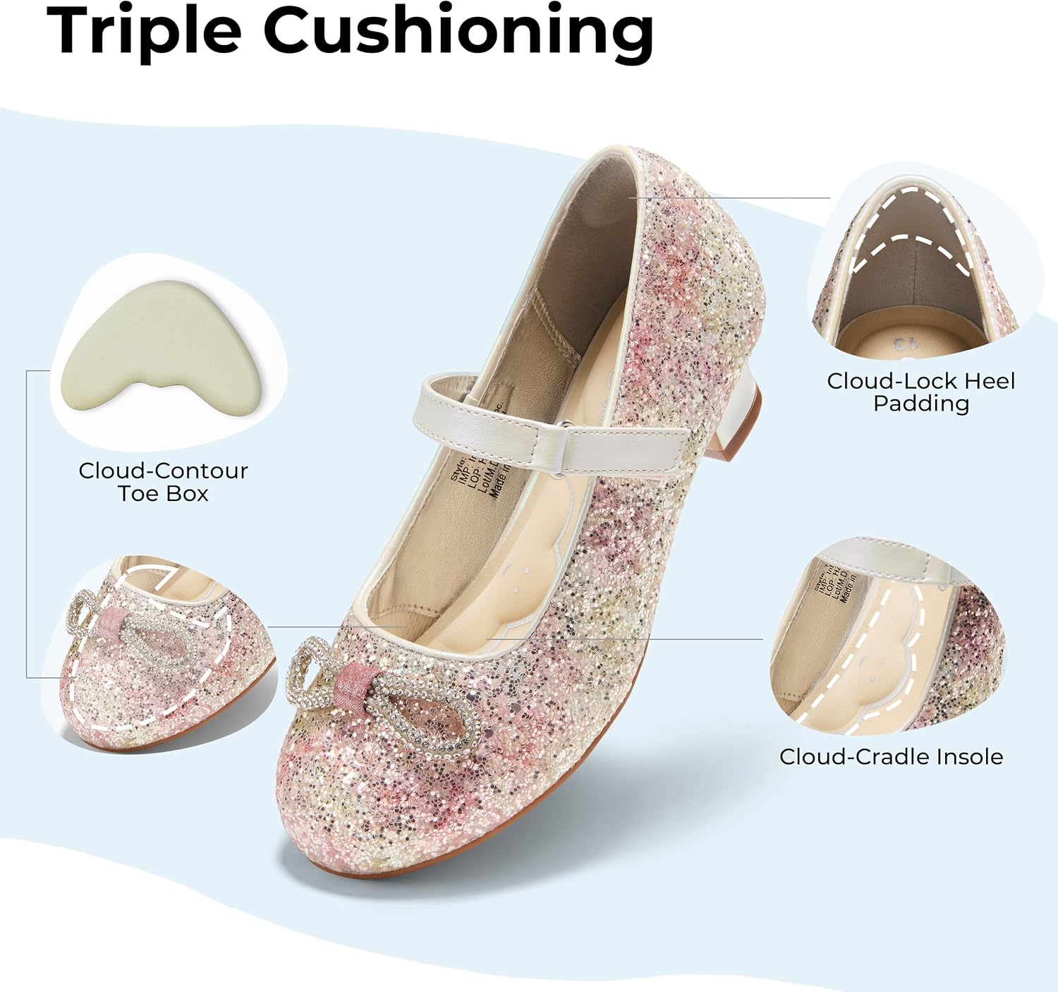 PATPAT Girls Dress Shoes Glitter Shoes with Butterfly Hair Clips, Sequins Rhinestones Bowknot Princess Low Heels Mary Jane Footwear Heels for Girls