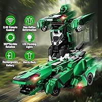 Vista 4 de Coches de control remoto de dinosaurio, robot transformador de auto de control remoto de 2.4 GHz con luz intermitente, rotación de 360°, un botón
