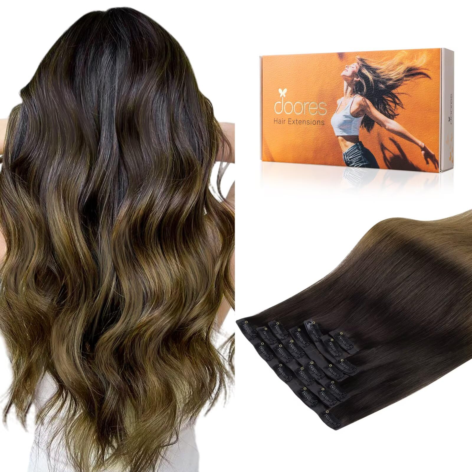 DOORES Seamless Clip-in Hair Extensions, Chocolate Dip Color Melt 110g 7pcs 18 Inch, Invisi Edge Remy Natural Straight Hair
