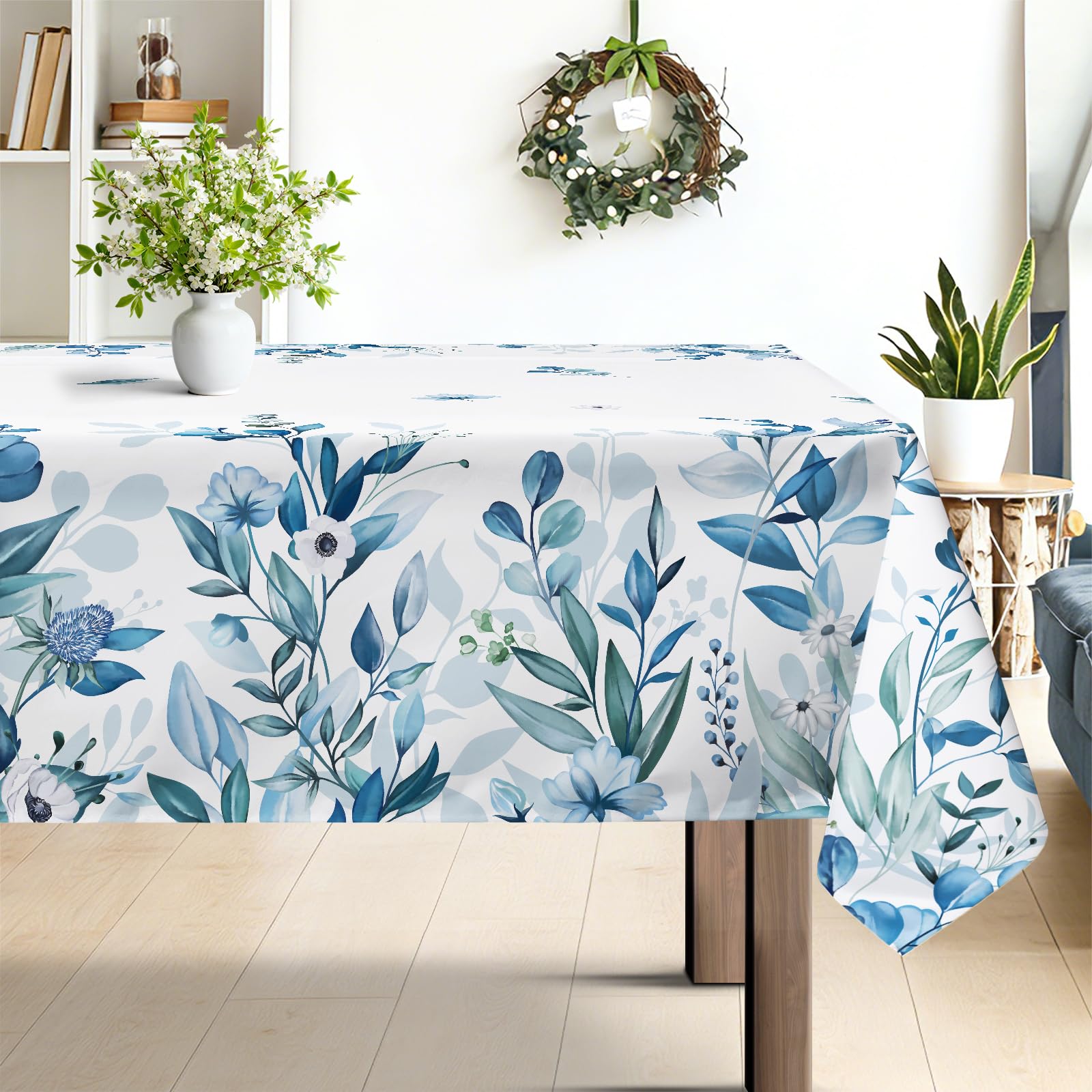 hometrixx Spring Summer Rectangle Table Cloth Blue Eucalyptus Leaf Washable Polyester Oil-proof Tablecloth Stain Wrinkle Resistant Table Cover for Party Kitchen Decor Outdoor Picnic, 152 x 213cm