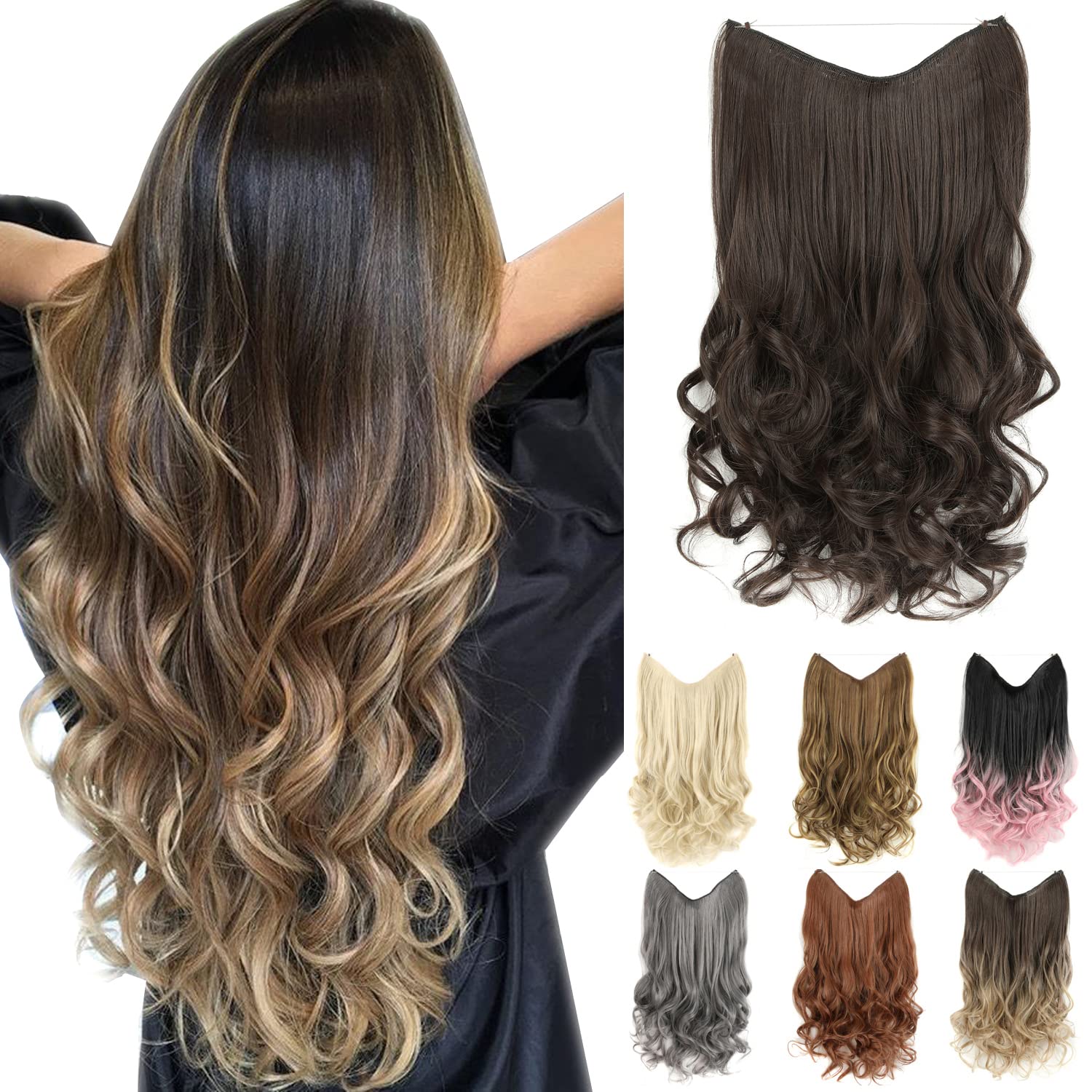 Amazon.com : ELAINE 28" Long Wavy Curly Hair Extensions Invisible  Transparent Wire Headband Synthetic 5.65 Oz Adjustable Size No Clip  Hairpiece for Women (Dark Brown -#98, 28 Inch) : Beauty & Personal Care