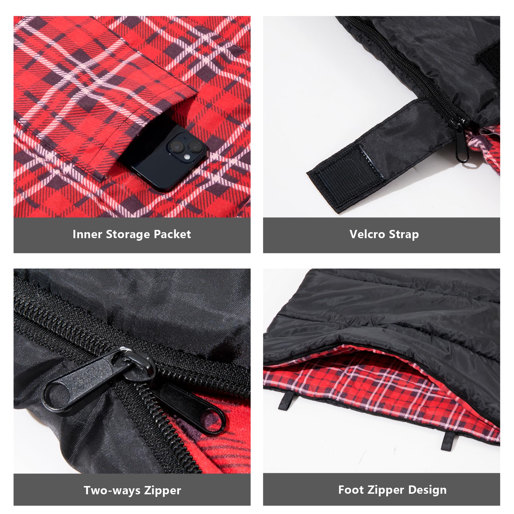 BISINNA Sac de Couchage en Flanelle de Coton, 2-3 Saisons, Intérieur/Extérieur, Motif Écossais Rouge et Noir, avec Sac de Compression