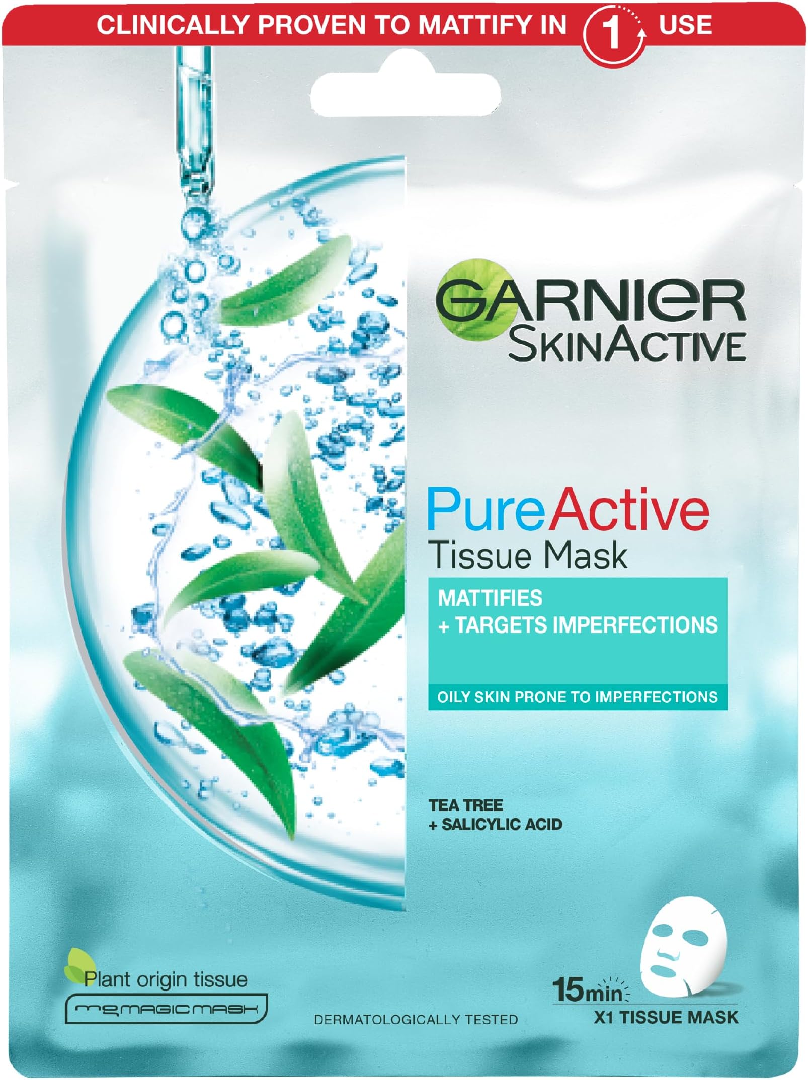 Pure Active Tea Tree & Salicylic Acid Sheet Mask, Mattfies Skin & Visibly Unclogs Pores In 15 Minutes, Dermatologically Tested, Suitable for All Skin Types