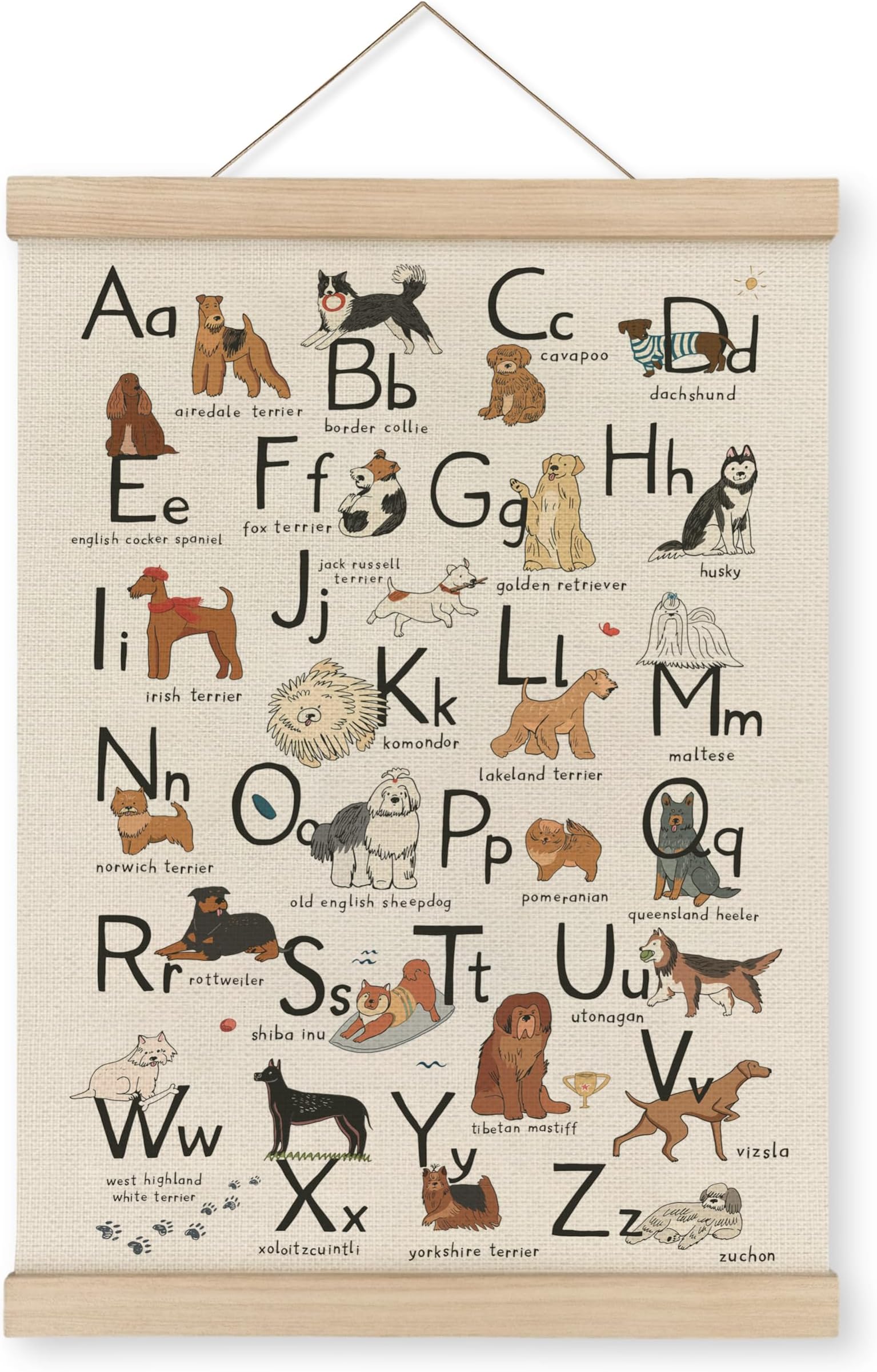 MAQIKA ABC Alphabet Chart Dog Poster Framed with Wood Hanger,Alphabet Banner, Alphabet Abc Poster for Toddlers,Kids Abc Hanging Wall Decor,Dog Breed Canvas Wall Art Paints for Classroom Nursery 12x16