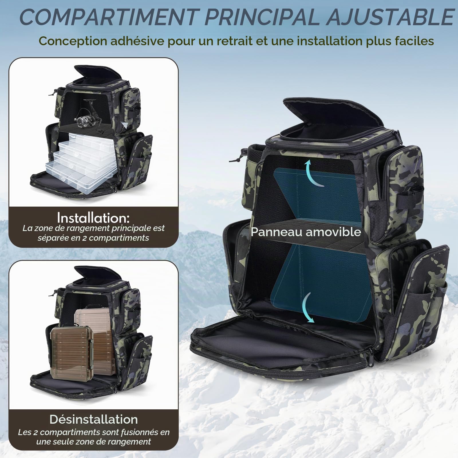 38L Sac à Dos de Pêche pour Organisation et Rangement des Plateaux avec Support de Canne - Bandoulière pour Randonnée, Chasse, Camping
