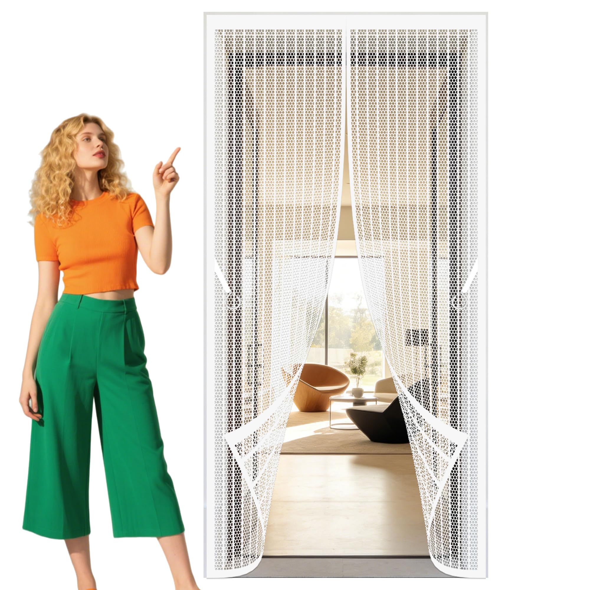 Door Fly Screen Curtain 103 x 247 cm Self Sealing, Hands Free Mosquito Screen Door Keep Fresh Air in Bugs Out Suitable for Patio Room Balcony Bedroom, White