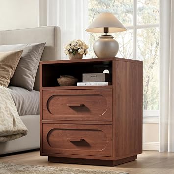 Walnut Nightstand with Charging Station, Modern End Table with 2 Drawers Storage, Space-Saving Wood Storage Cabinet with Unique Base Design, Bedside Table for Bedroom, Living Room