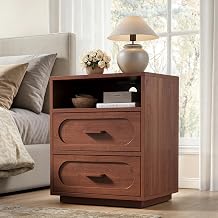Walnut Nightstand with Charging Station, Modern End Table with 2 Drawers Storage, Space-Saving Wood Storage Cabinet with Unique Base Design, Bedside Table for Bedroom, Living Room