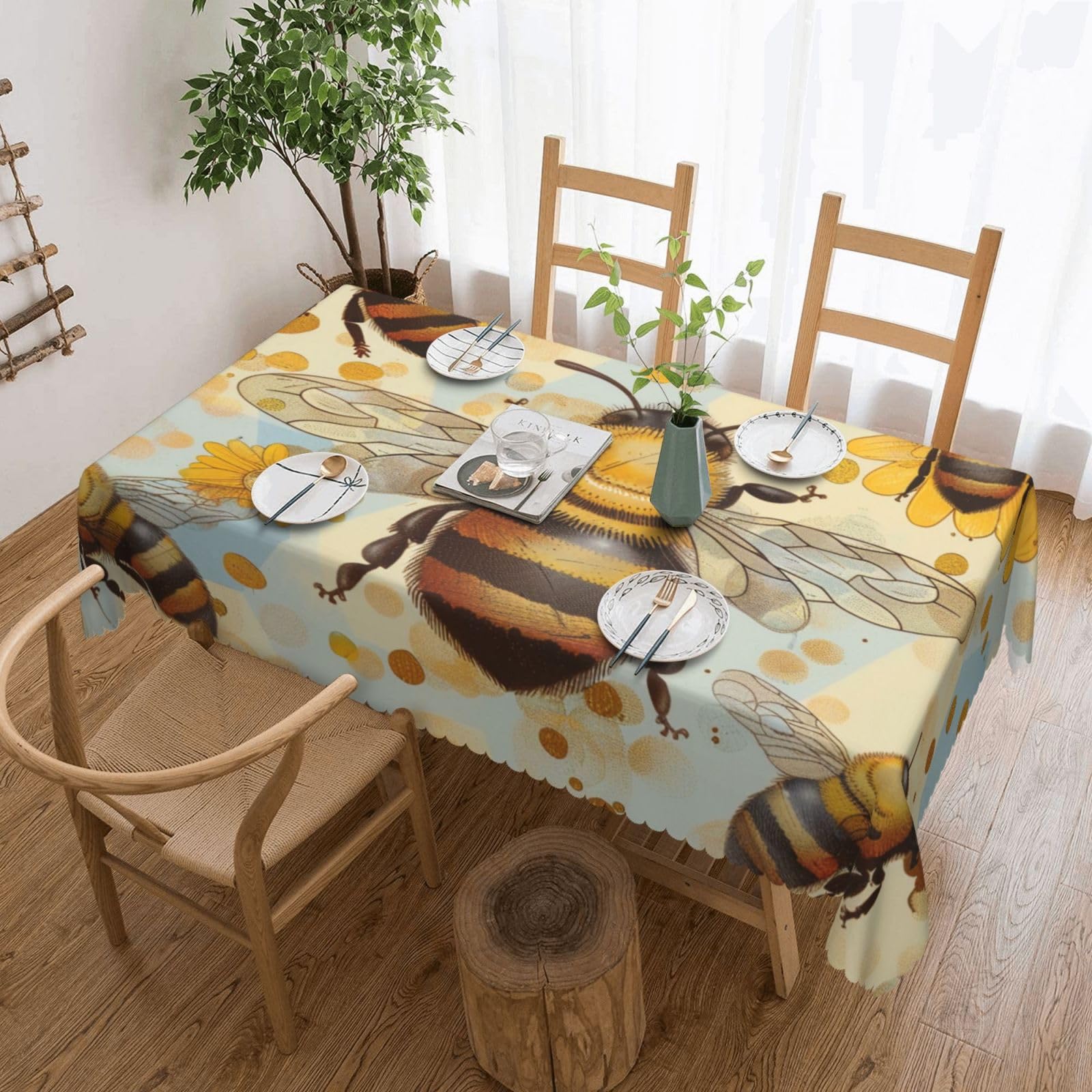 WPKJU Honey Bee Printed Rectangle Tablecloth 72x54 Inch with Lace Trim, Water-Resistant Washable Table Cover for Farmhouse Weddings, Outdoor Picnics & Holiday Dining