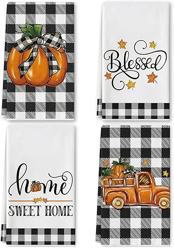 Juego de 4 toallas de cocina otoñales con diseño de calabaza, diseño a cuadros de búfalo, 18 x 28 pulgadas, para secado a mano para Acción de