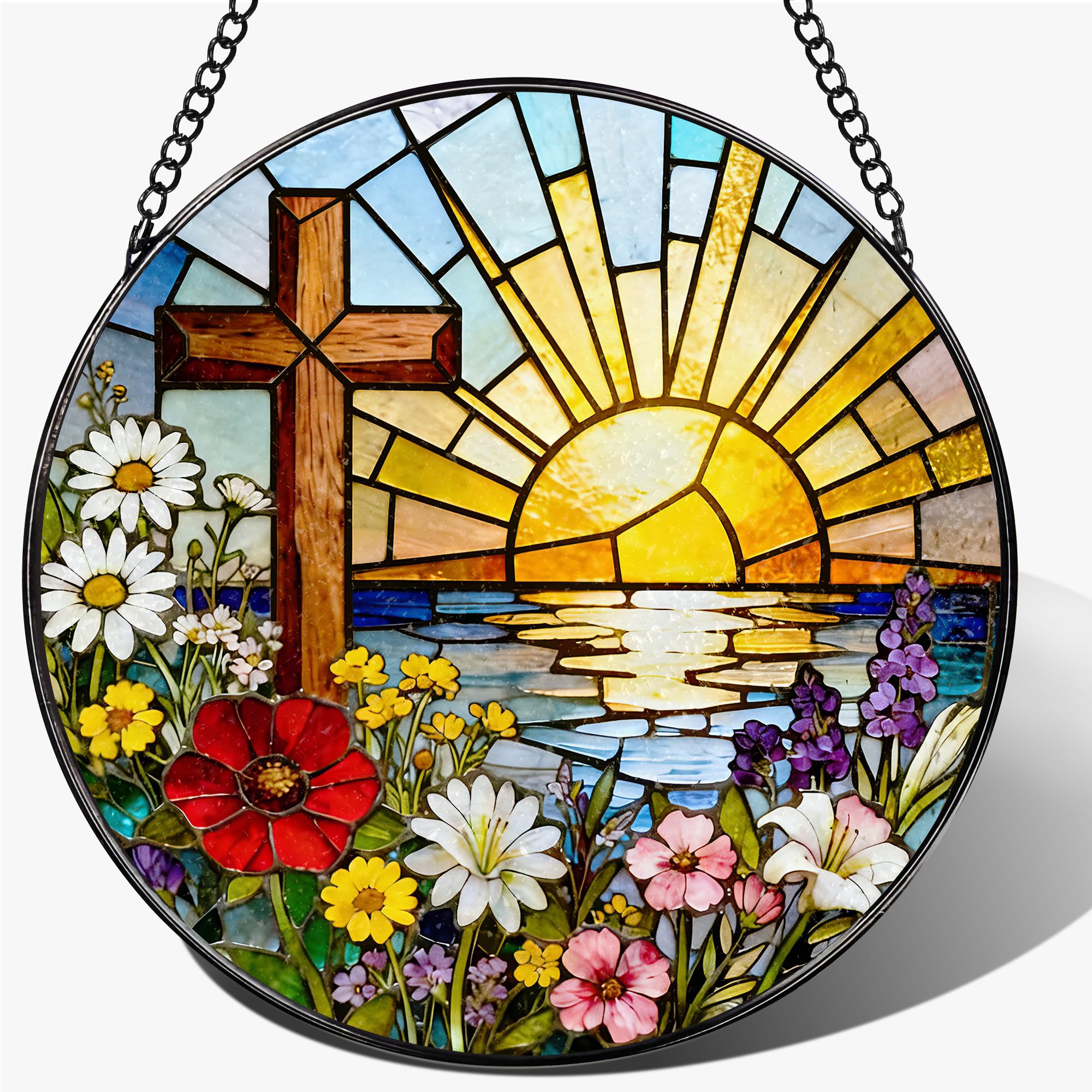 Stained Glass Window Hanging, 7.8" Stained Glass Faith Cross Sun Catcher, Suncatcher for Windows, Doors & Home Decor, Christian & Religious Cross Gift