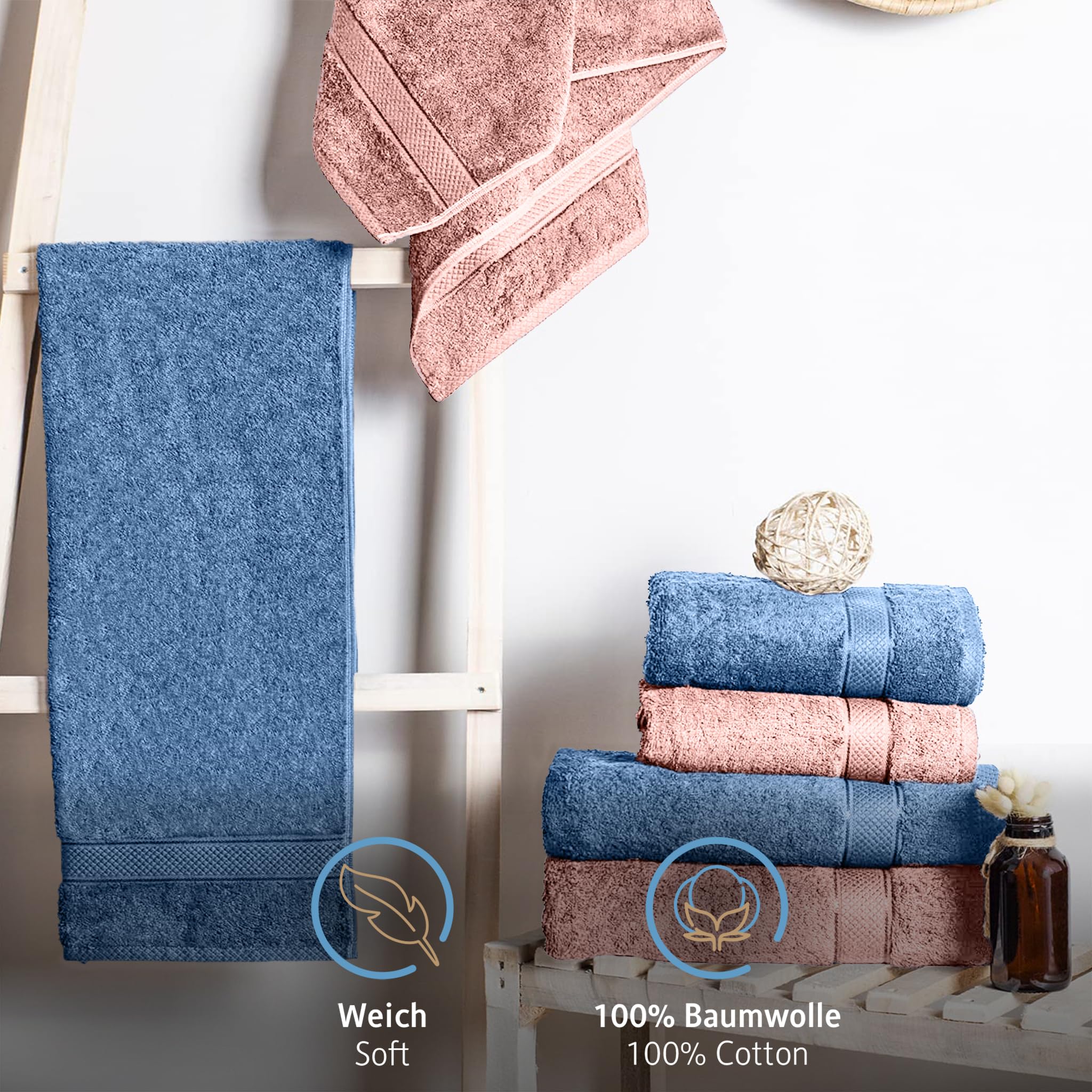 Komfortec 4er Duschtücher 70x140 cm Set aus 100% Baumwolle, 470g/m², Frottee, Weich, Rosa/Hellblau