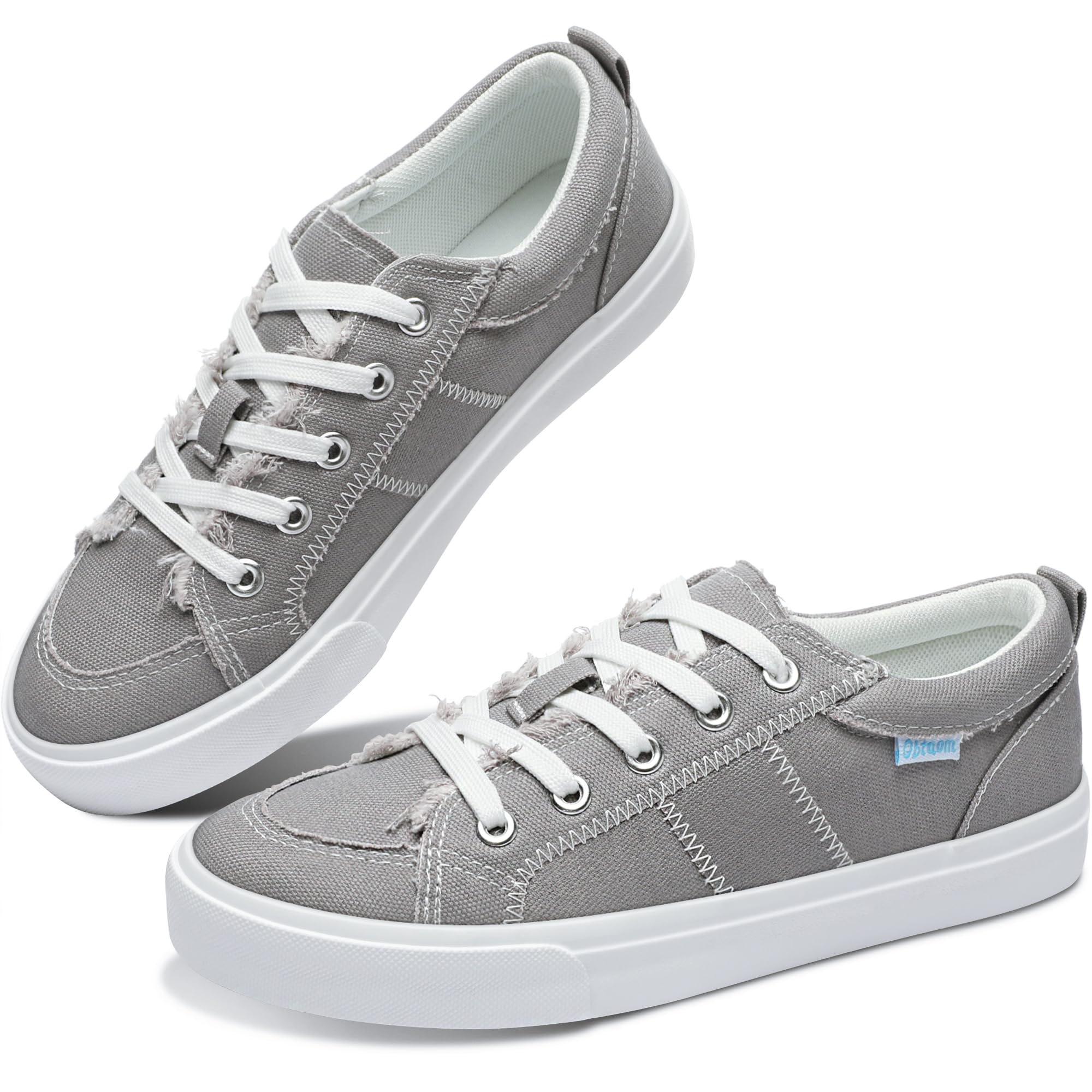 Obtaom Women's White Play Fashion Sneakers Cute Lace up Canvas Shoes Low Top Washed Canvas Flat for Lady
