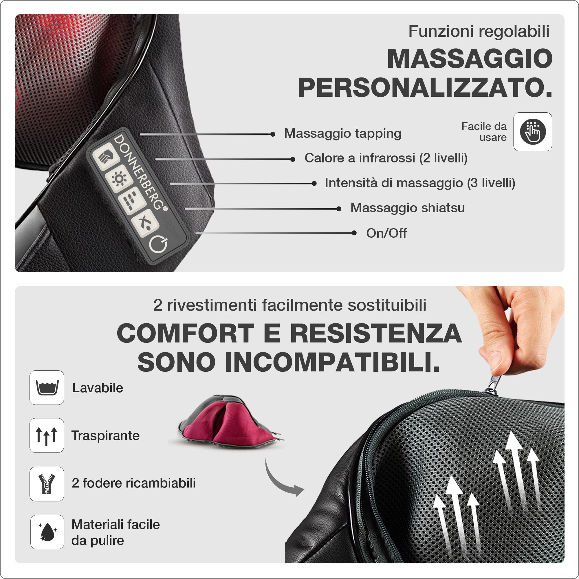 Massaggiatore schiena e spale Donnerberg - Massaggio dei tessuti profondi - 2 tecniche di massaggio - Shiatsu e percussioni con infrarossi - Alta qualità tedesca -7 anni di garanzia sul motore
