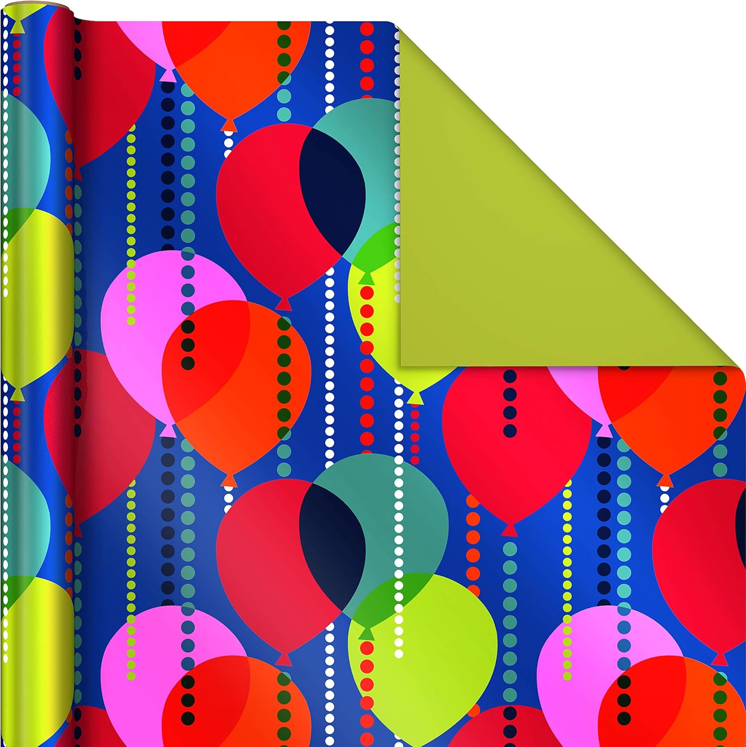 Hallmark Reversible Birthday Wrapping Paper Bundle (3-Pack: 75 sq. ft. ttl.) Balloons, Bright Green, Teal Stripes, White Polka Dots on Red : Health & Household