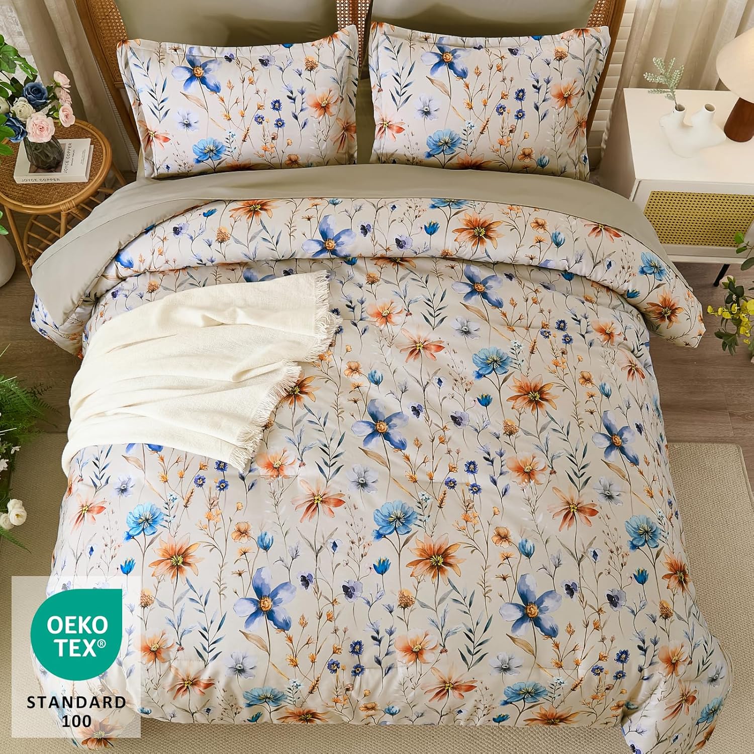 Luxudecor Queen Floral Comforter Set 7 Pieces,Beige Floral Comforter with Sheet Set,Flowers Leaves Pattern Bed in a Bag,Soft Microfiber Bed Set 90"x90" - Image 3