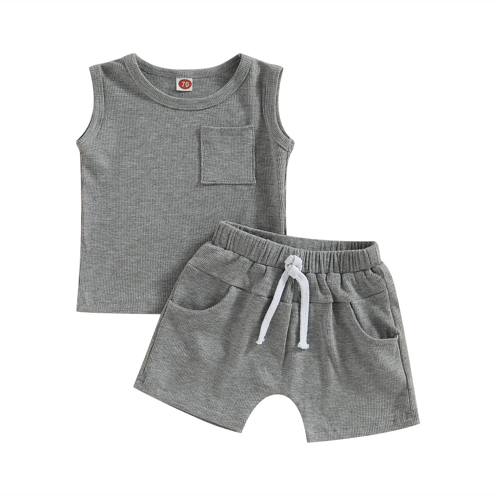Toddler Baby Boy Clothes Summer Outfits Set Solid Color Sleeveless Tank Tops with Breast Pocket + Shorts (Grey, 12-18 Months)