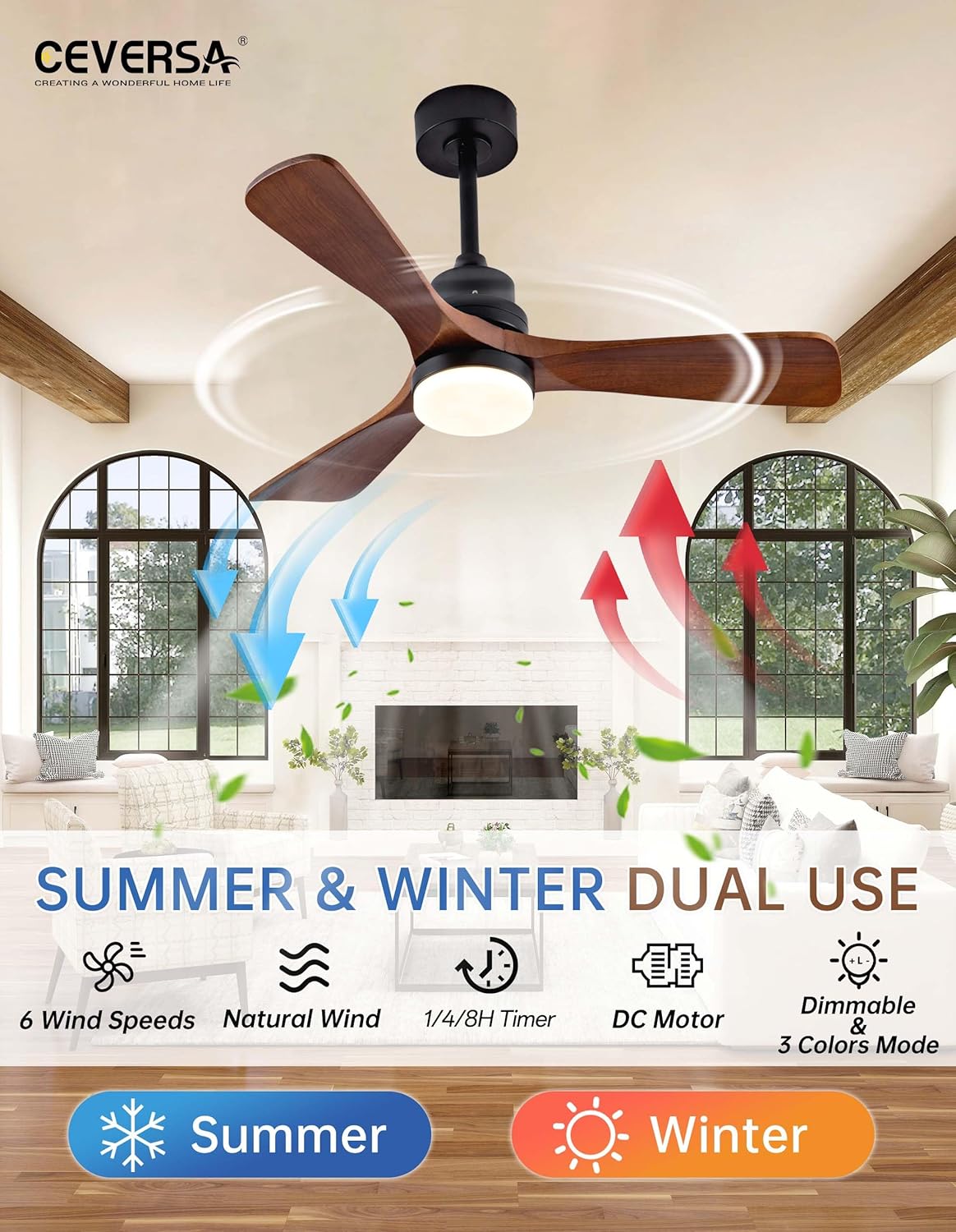 Ceversa 42 Inch Wood Ceiling Fan Summer and Winter modes