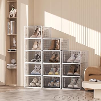 Shoe Storage Boxes 12 Pack - X-Large Clear Plastic Stackable Shoe Organizers with Easy-Access Front Door & Secure Magnetic Closure for Sneaker Display & Collection - Fits Up to US Size