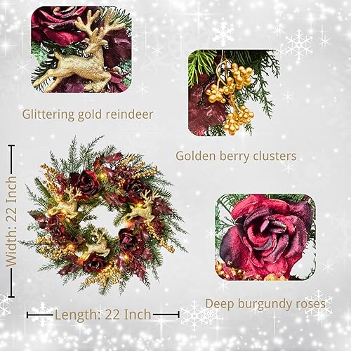 Miniatura 3 de Corona de Navidad artificial preiluminada de 22 pulgadas, corona de rosas con purpurina de ciervos de Navidad, decoración de bayas y temporizador