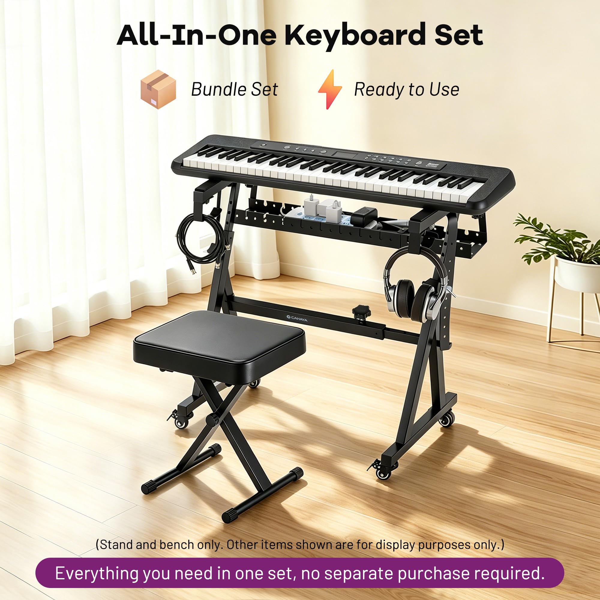 CAHAYA Soporte Teclado Banco Set: Z-Style Ajustable con Ruedas Plegable con Bandeja Acolchado para 54 61 76 88 Teclas Piano Digital