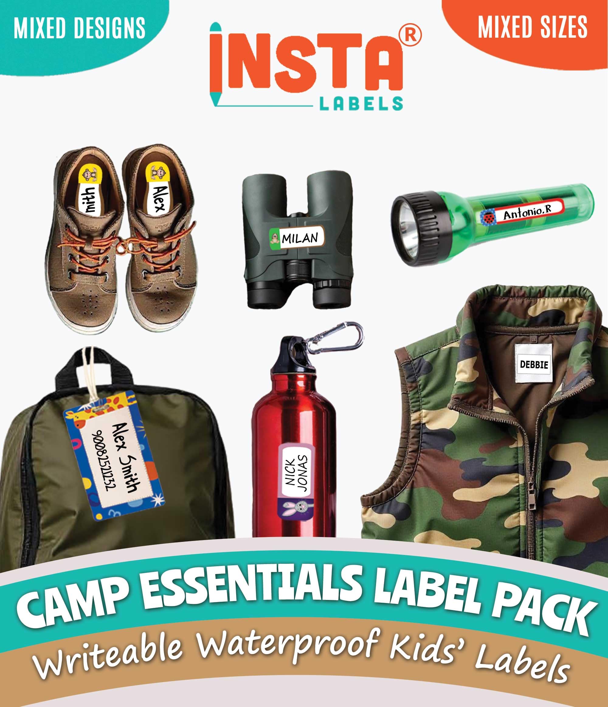 Camp Essentials Label Pack - 252 Waterproof Name Labels for Kids, Name Stickers, Bag Tags & Clothing Labels for Kids Camp, Iron on Tags for Clothing &