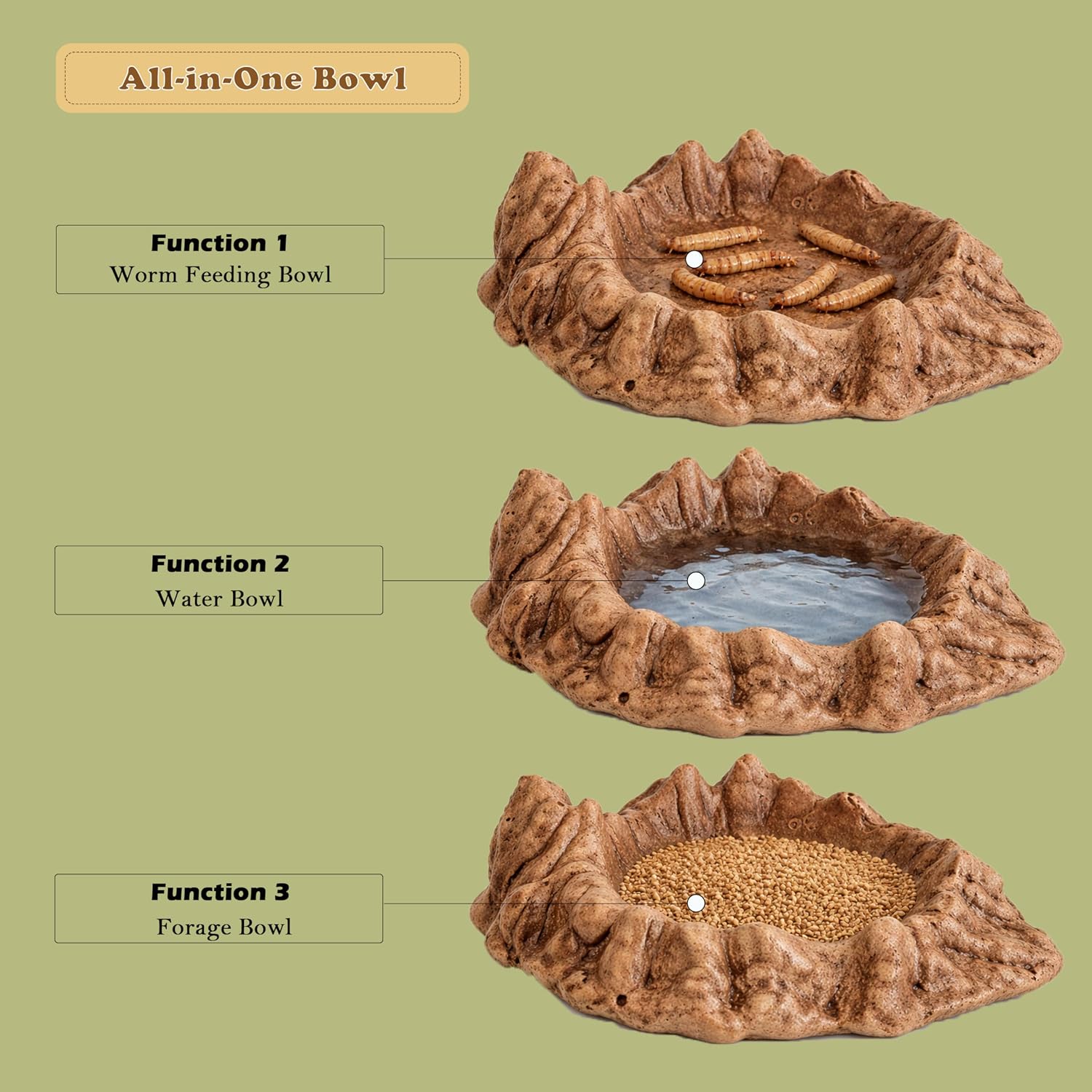 Reptile Water and Food Bowl with Feeding Tweezers Volcanic Rock Style Cement Feeding Dish for Bearded Dragon Leopard Gecko Lizard and Snake Non-Tip Terrarium Decor Landscape Accessory (Brown) image 2