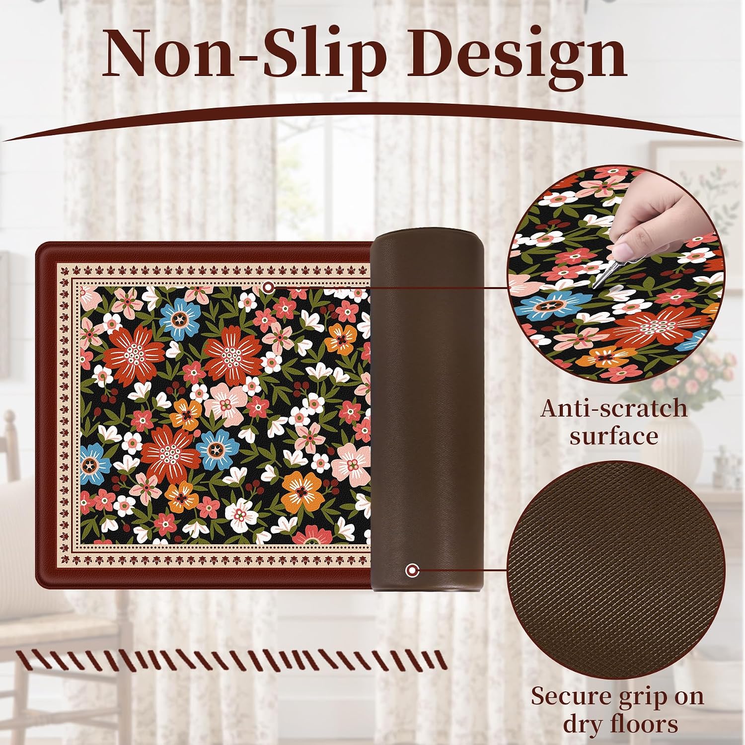Boho Vintage Floral Kitchen Rug Set of 3, Black Rustic Kitchen Mat | Thick Anti-Fatigue Non-Slip Decor Floor Mat, PVC Soft Comfort Waterproof Runner Rug for Sink Laundry Front & Indoor Doors